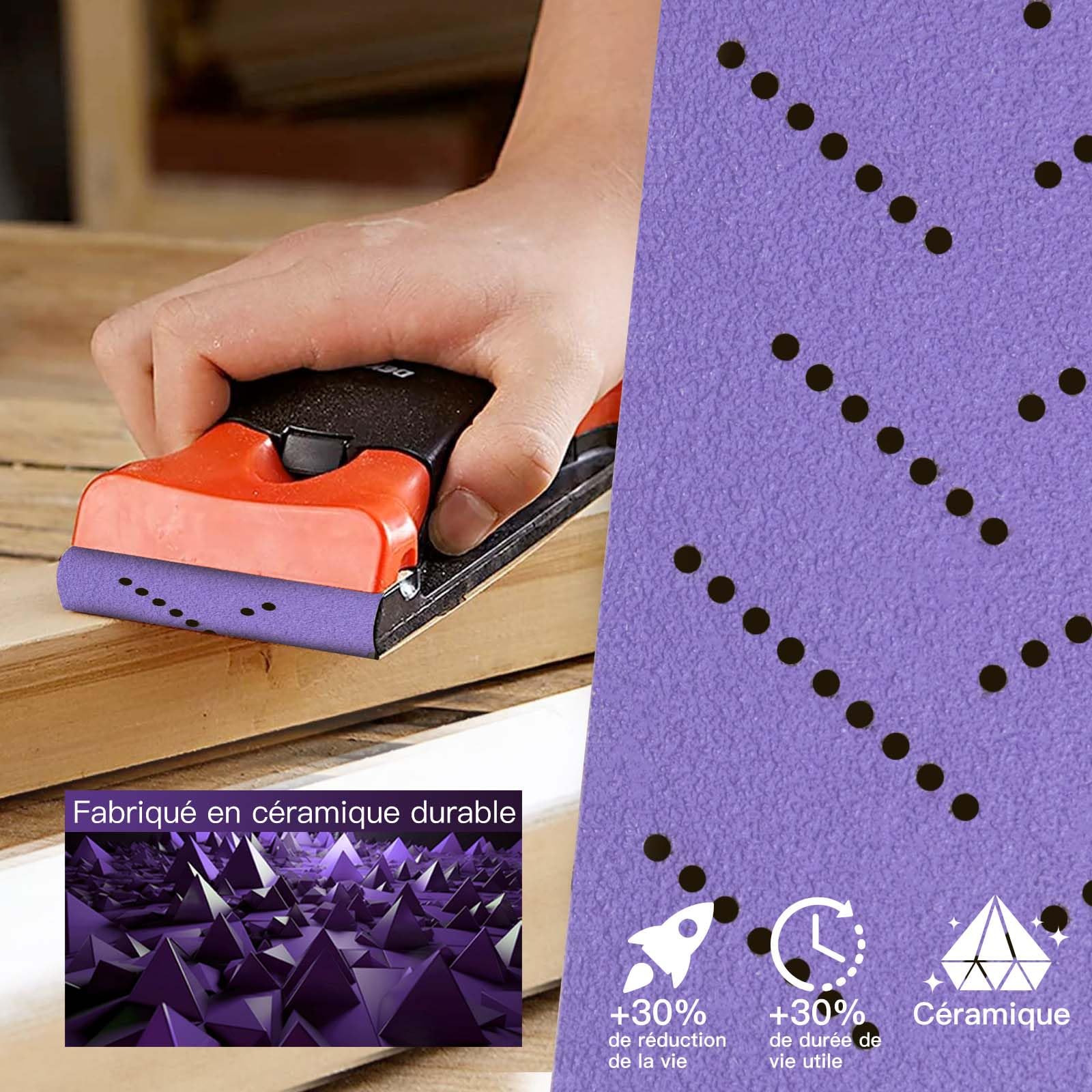 Rouleau de Papier de Verre Céramique Violet 70 mm x 12 m Rouleau de Ponçage Automobile Multi-trous Pour Enlever les Revêtements, Ponçage Automobile, Grain 180