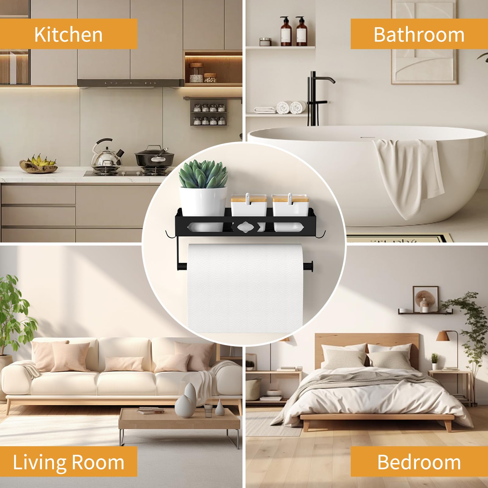 Soporte de pared para toallas de papel para cocina, diseño de fácil operación con una sola mano, soporte para toallas de papel autoadhesivo con estante para baño, toallero de papel RV con 2 7