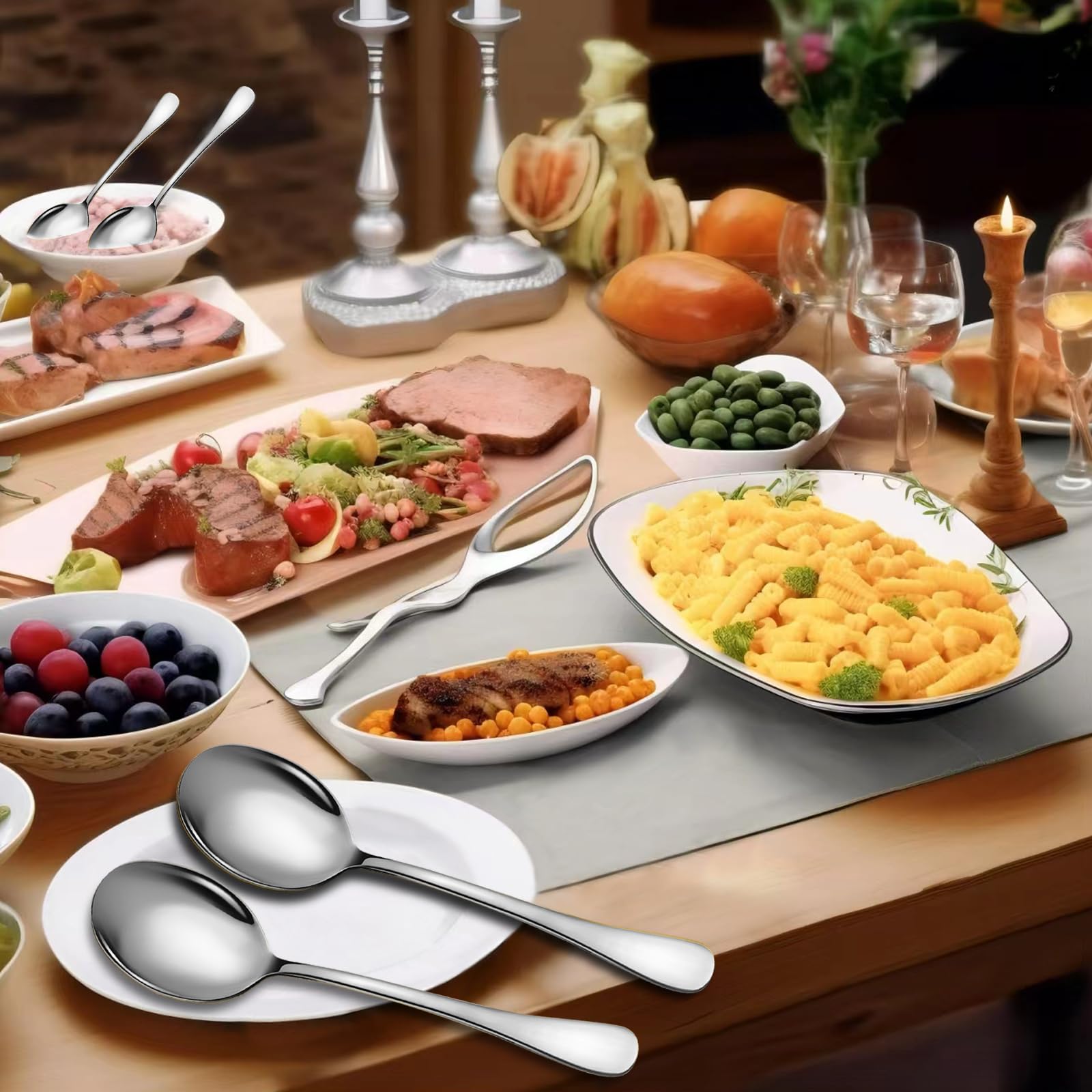 Lot De 4 Grandes Cuillères De Service Inox 25,4 Cm – 2 Pleines + 2 Ajourées – Idéal Buffets & Fêtes