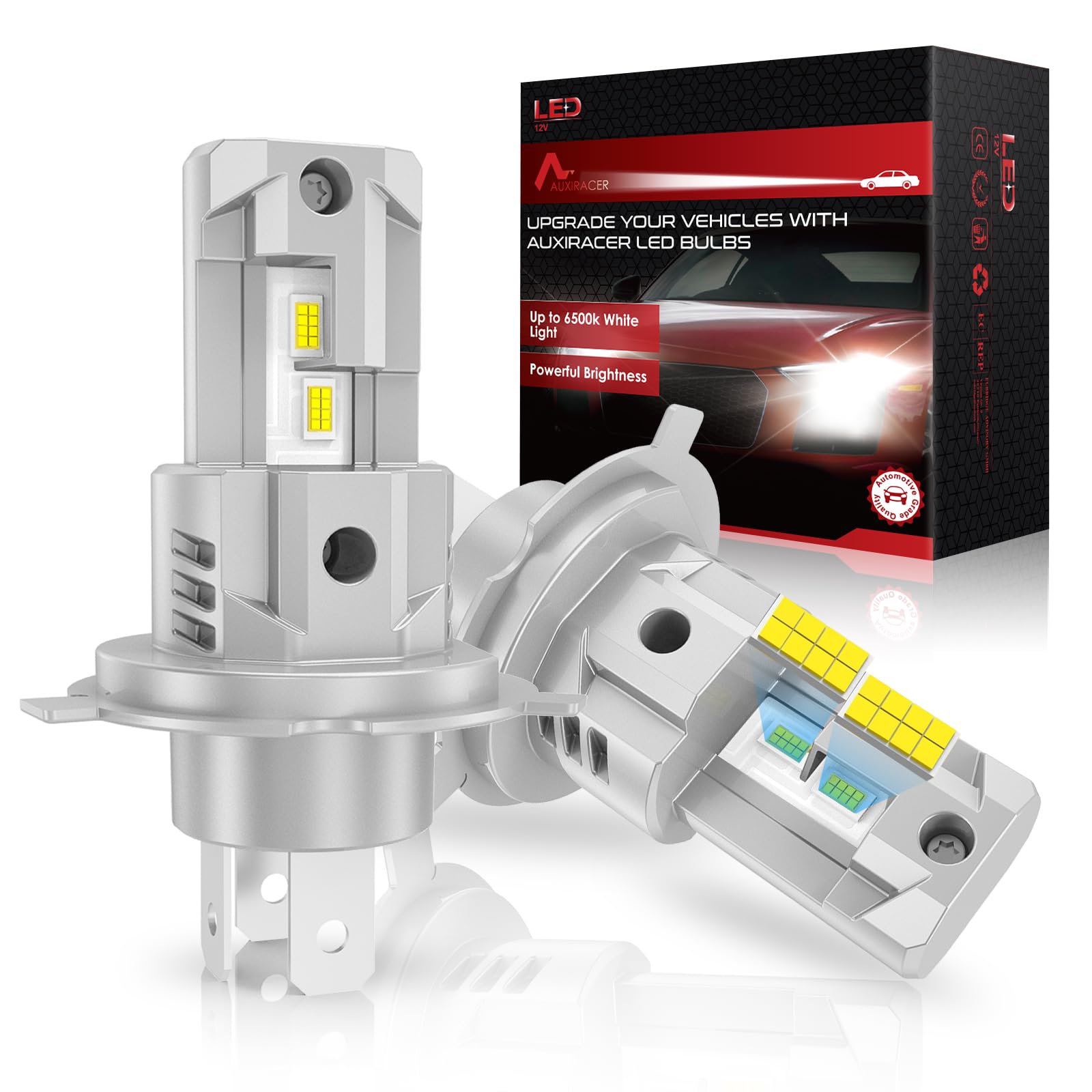 AUXIRACER H4/9003/HB2 LED, H4/9003/HB2 LED 20000LM 80W 6500K silne białe światło, zestaw do konwersji halogenowej, żarówka reflektorów do samochodu lub motocykla 12 V, 2 żarówki