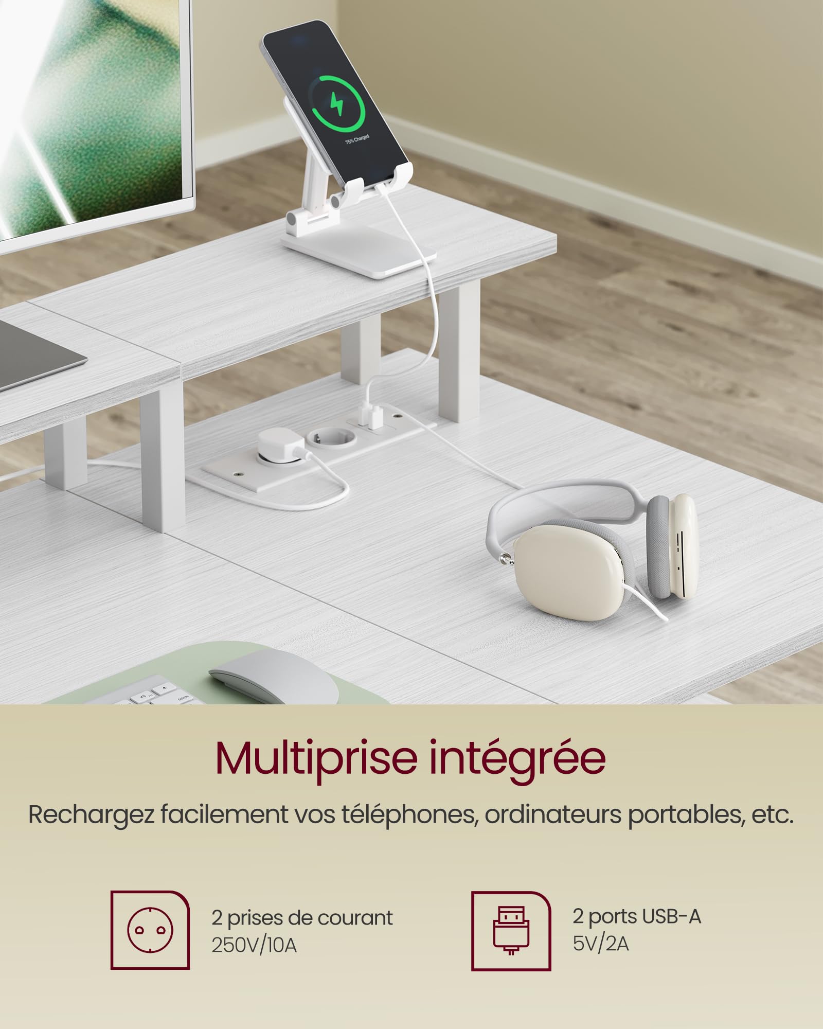 VASAGLE Bureau Gaming, avec Tiroirs en Tissu, Table Informatique avec Support d'Écran, Multiprise, 2 Ports USB, pour Bureau à Domicile, 140 x 60 cm, Blanc Érable LWD094W01V1