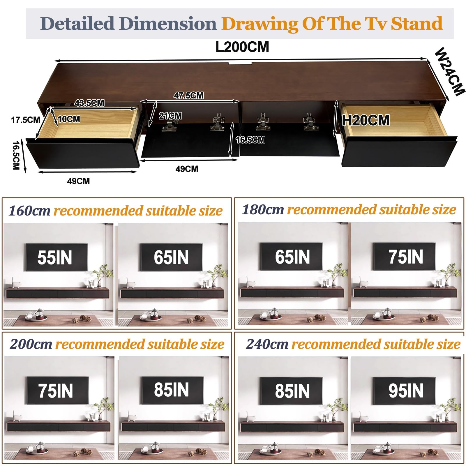 Mueble TV Flotante, Mueble TV Suspendido para Pared, Consola Entretenimiento Moderna, Armario Televisión con Puertas Y Cajones Ideal para Salón Y Dormitorio(BrownC,200cm)