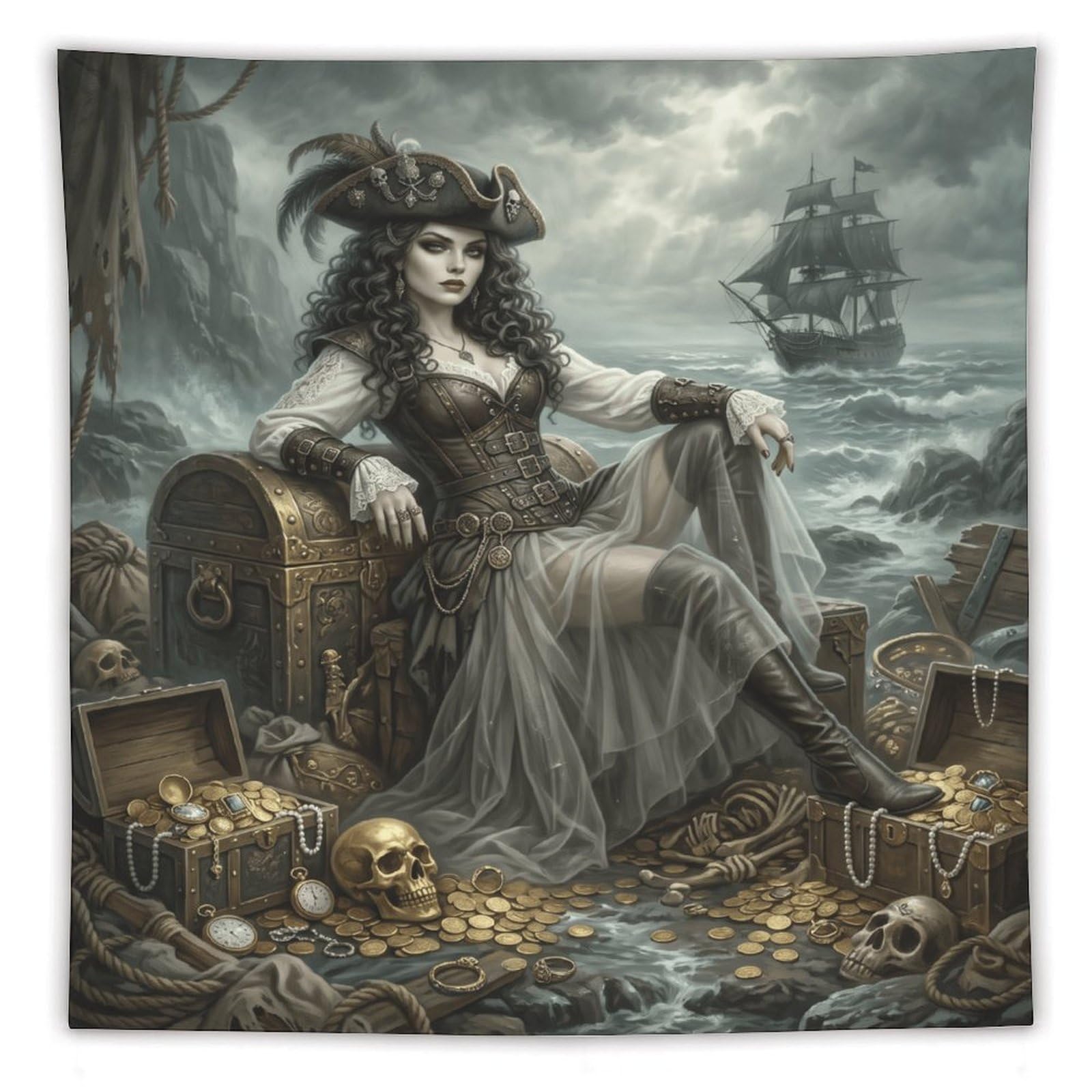 H3B8U2Y5 Pirate Queen Treasure Chest Wall Tapestry, Oil Painting