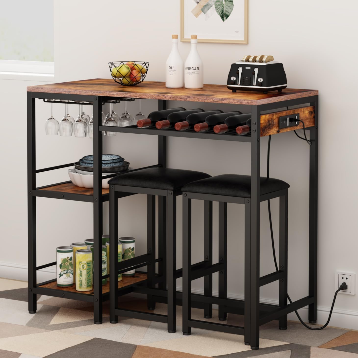 Gyfimoie Bar Table and Chairs Set with Power Outlet, Pub