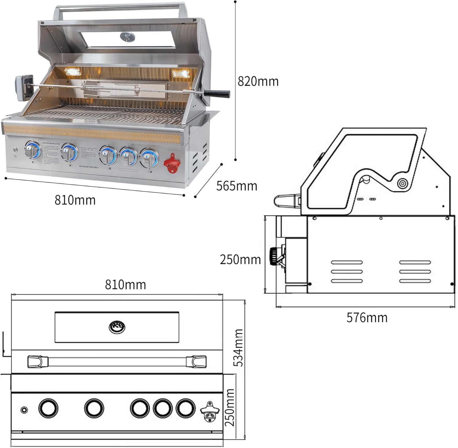 Built-in BBQ Gas Grill, 72000 BTU Outdoor Kitchen Grill with 4 Main Burners & Infrared Back Burner, 304 Stainless Steel, LED Control Knobs & Light, for Garden Patio Party (natural)