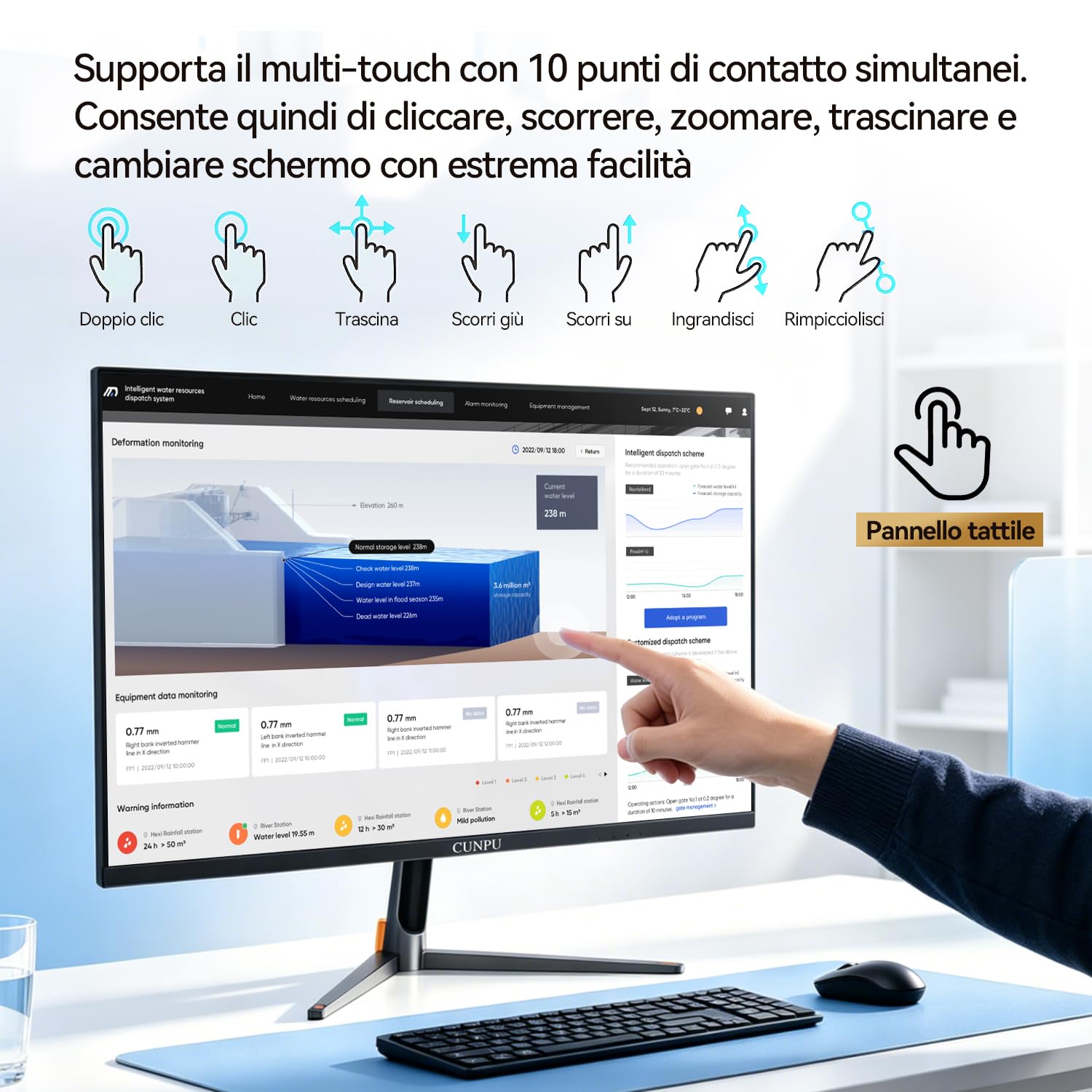 CUNPU Monitor PC 24 Pollici (23.8") Touch Screen 10 Punti, Schermo IPS Full HD 1080p 75Hz, Monitor Tattile con Protezione Low Blue Light, Connettività HDMI/VGA/USB, Ideale per Ufficio, Scuola e Casa