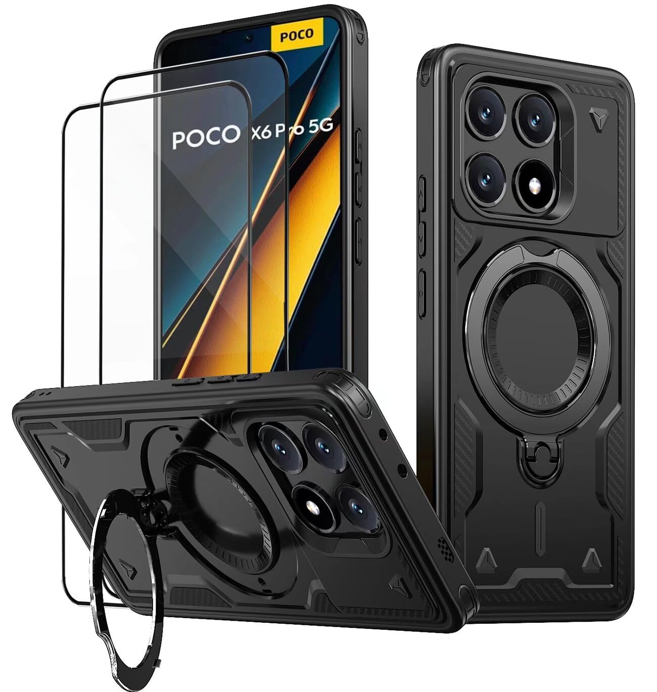 Etui na Xiaomi Poco X6 Pro 5G ze szkłem hartowanym*2, etui ochronne na smartfona z obrotowym pierścieniem - Odporny na wstrząsy czarny zderzak