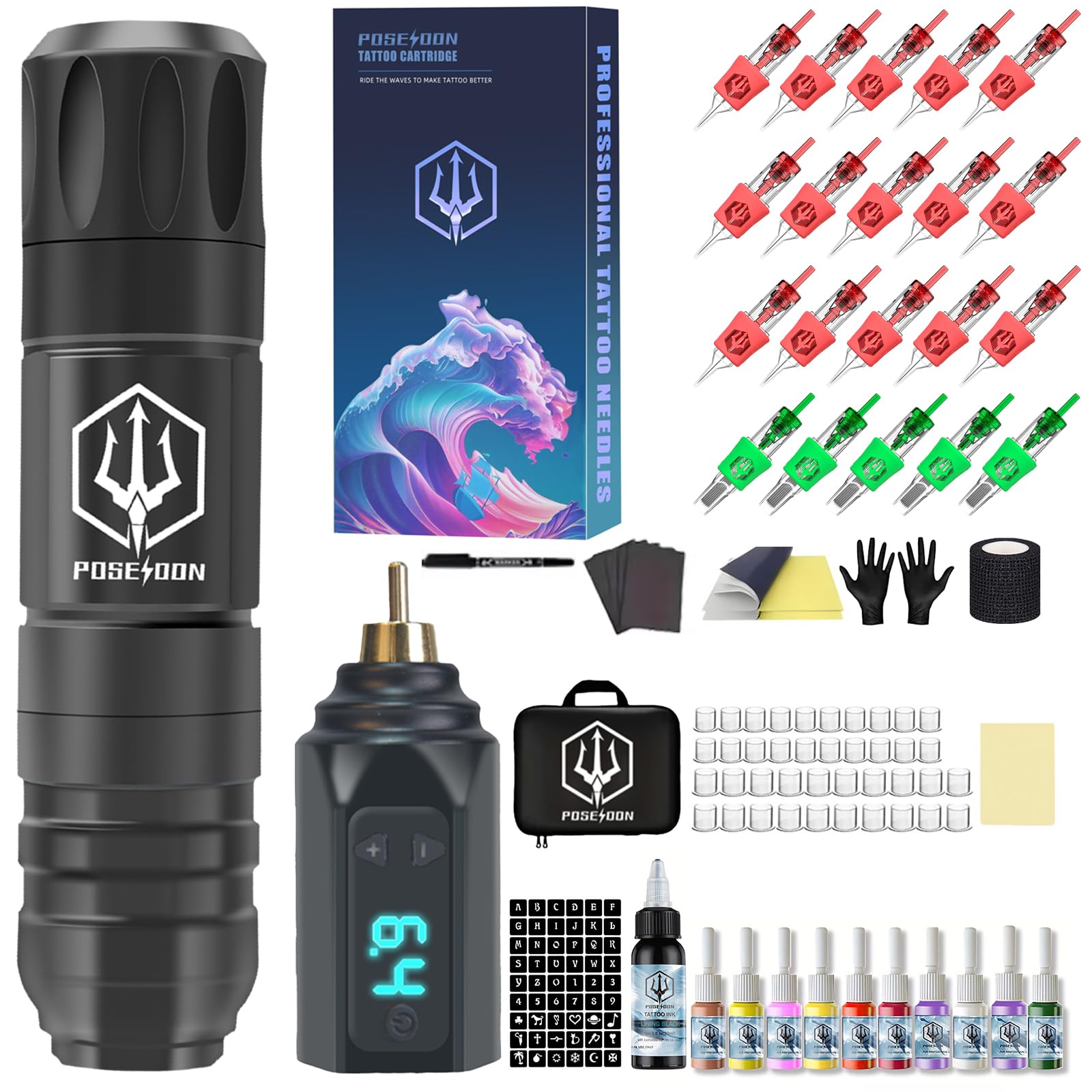 POSEIDON Wireless Tattoo Pen Kit - Professional Cordless Tattoo Gun with 1500mAh Battery & 20 Cartridge Needles | Complete Tattoo Machine Kit for Beginners