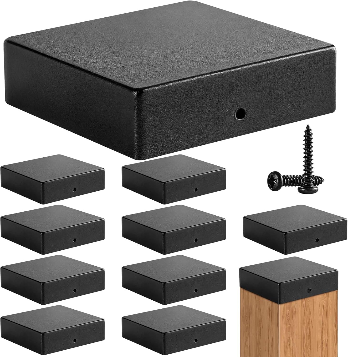 10 Pack 4x4 Post Caps, Black Galvanized Steel Flat Post Caps for 3.5"x3.5" Wood Posts, Weatherproof Caps Cover with Screws for Outdoor Fence Deck, Porch, Corridors Mailbox