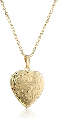Amazon Collection 14k Engraved Flowers Heart Locket Necklace, 18"