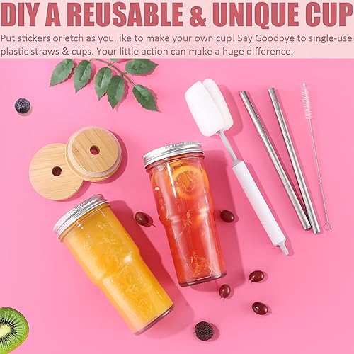 Miniatura 6 de ASANMEYO 2 Pcs 24 oz Glass Cups With Bamboo Lids and Straws & 2 Airtight Lids, Reusable Boba Cup Smoothie Cup Mason Jar Drinking Glasses Iced Coffee