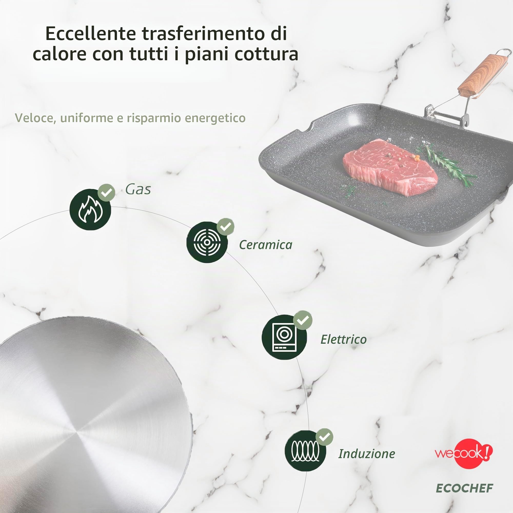 WECOOK! Ecochef Titanio Bistecchiera Liscia, Induzione, 34x24cm, Antiaderente QUANTANIUM Ecologico senza PFOA, Alluminio Fuso, 5mm di Spessore, Manico in Legno Pieghevole, Vitroceramica, Gas