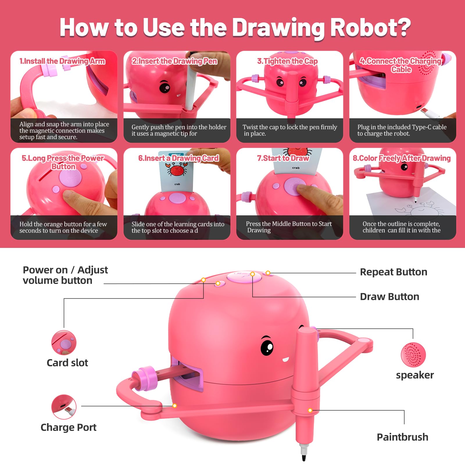 Robot de dibujo para niños con tarjetas educativas y bolígrafos, máquina educativa interactiva con voz, instrucciones de dibujo paso a paso para niños y niñas, aprendizaje temprano y juguetes STEM
