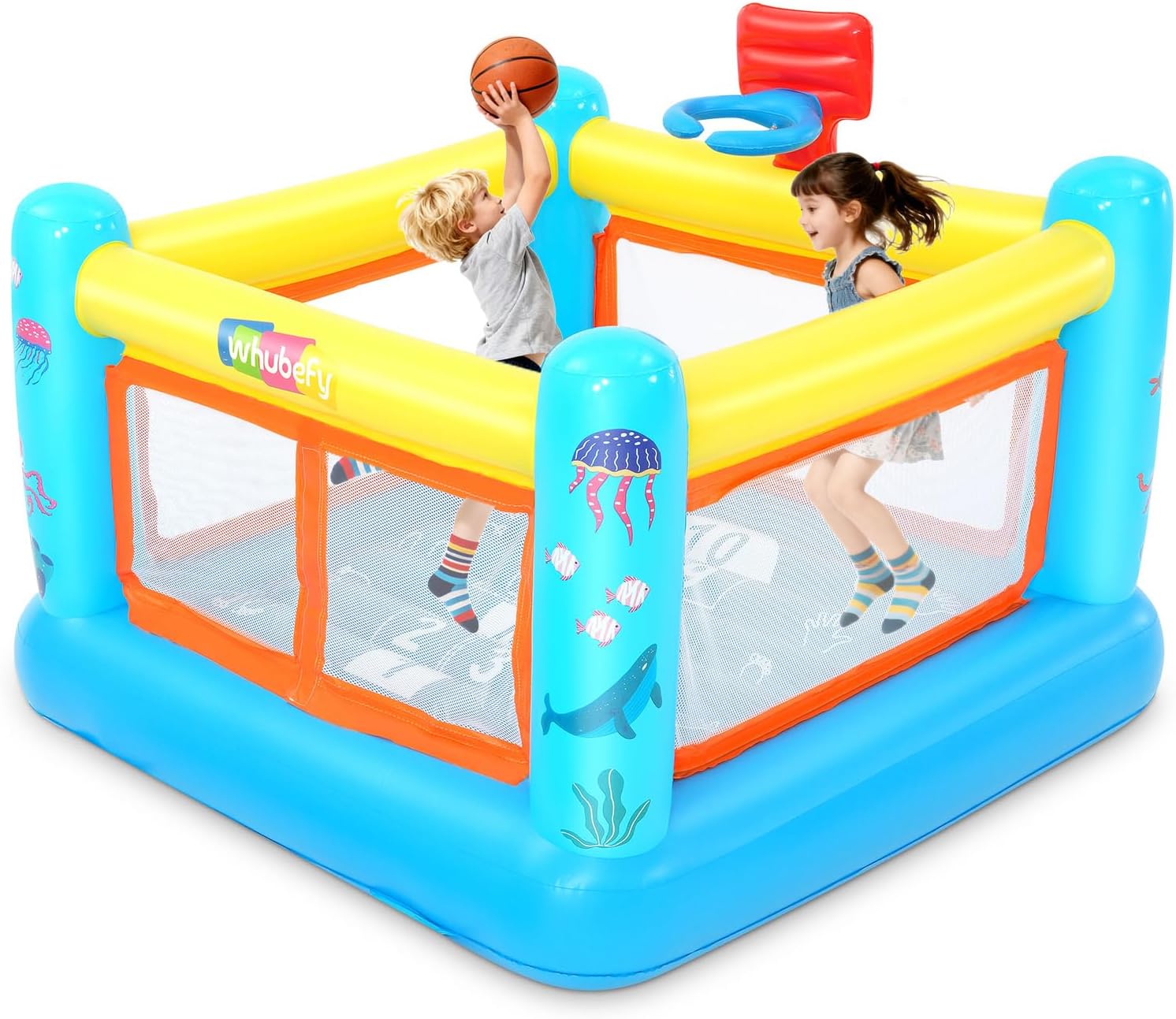 AKEYDIY Inflatable Bounce House for Kids, 67.7'' x 67.7'' x 44'' PVC Jumping House with Basketballn Hoop, Game Map, Indoor Outdoor Bouncy House for Toddlers 3-6 (Ocean Blue)