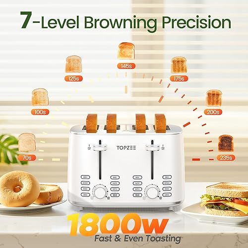 Miniatura 4 de Topzee Tostadora de 4 rebanadas, ranura ancha para tostar panes sin gluten, 7 ajustes de sombra, descongelar y recalentar, doble panel de control,