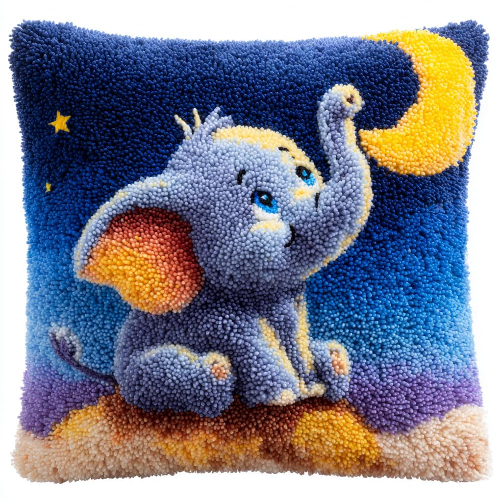 Henypt Latch Hook Kits-A Latch Hook Kit Animals Elephant Diy Pillow Cover Making Kits Latch Hook Cushion Kits With Color Preprinted Canvas 17X17inch