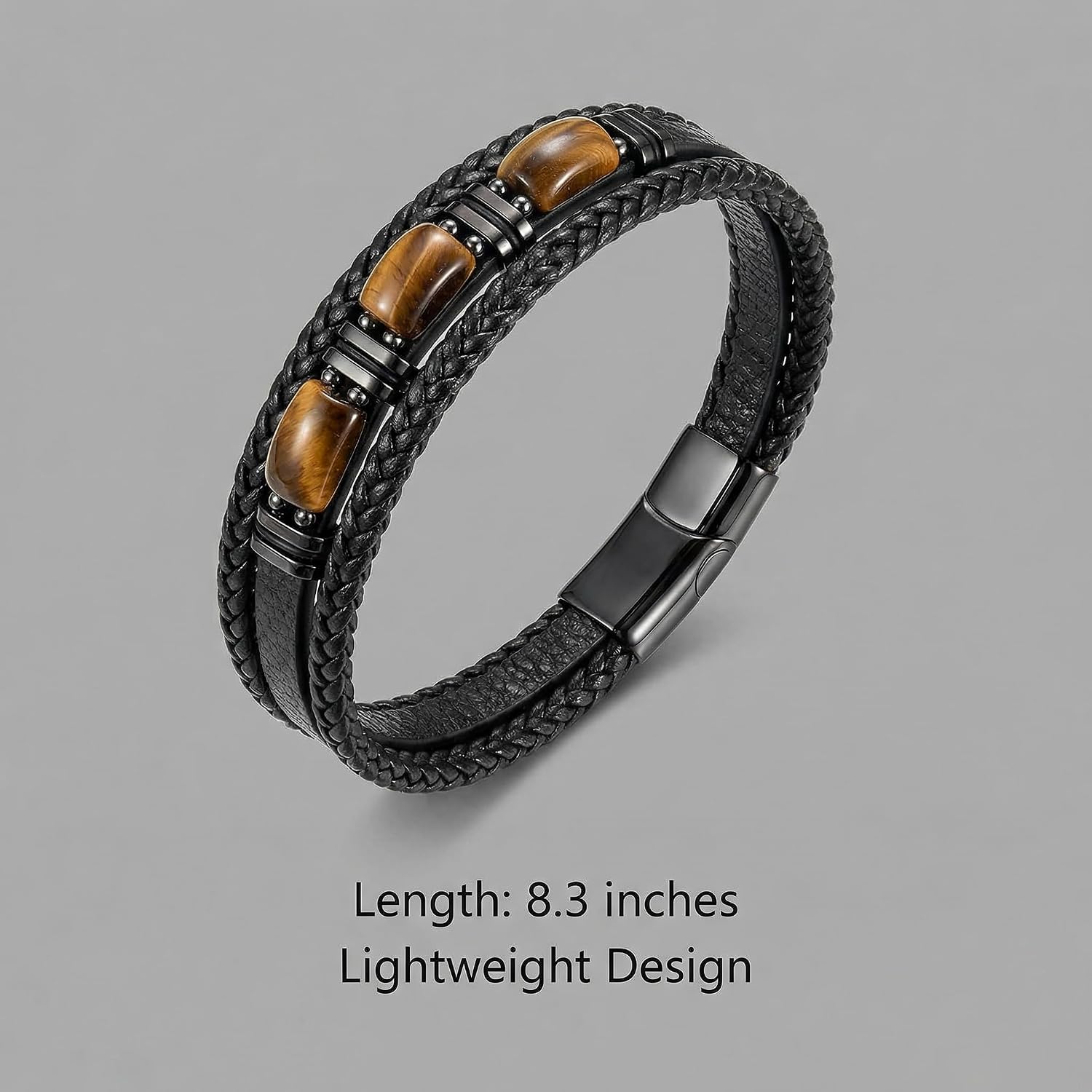 Men's Tiger Eye Leather Bracelet, Triple Layer Braided Leather Wristband, Bead Cuff Bracelet for Business and Casual Wear, Masculine Jewelry Accessories