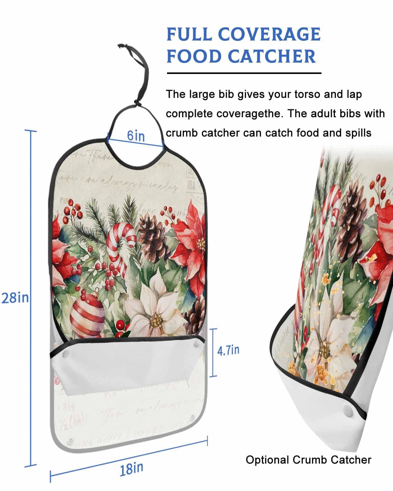 Christmas Poinsettia Adult Bib for Adults Men, Women, Pine Needles Pinecone Berry Xmas Washable & Adjustable Terry Cloth Bib with Crumb Catcher Reusable Waterproof Clothing Clothes Protector Apron