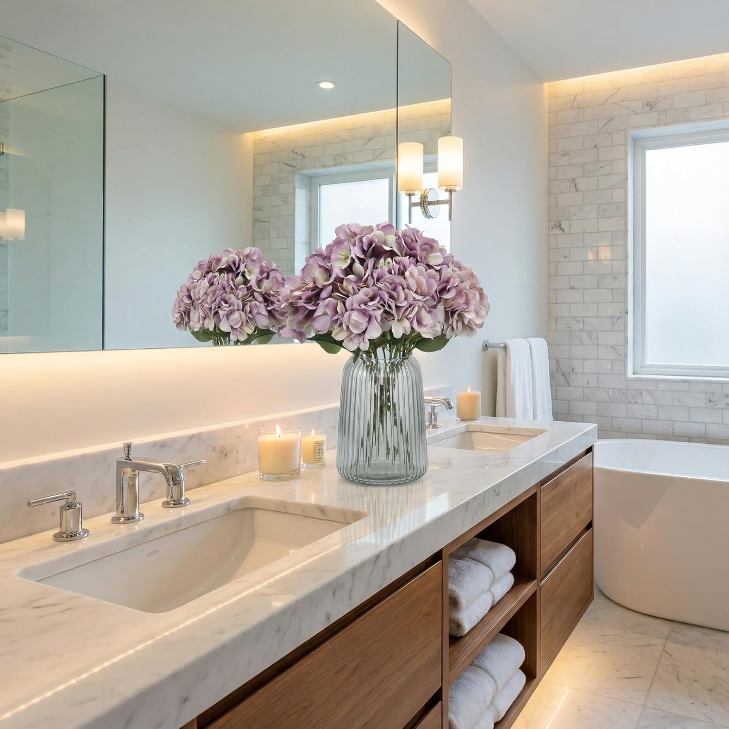 2Bouquets Artificial Fake Flowers Silk Hydrangea Arrangements Wedding Bouquets Decorations Plastic Floral Home Kitchen Garden Party Festival Bar DIY(Grey Purple,5 Flower Heads) - Image 7