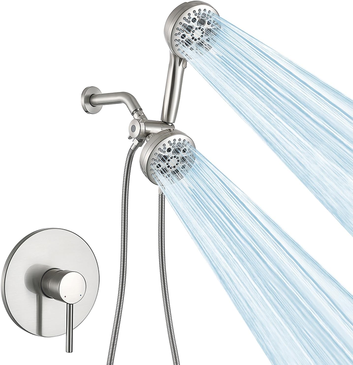 Matte Black Shower System - Dual Shower Head with Handheld Spray, High Pressure Rainfall Showerhead, Wall Mount Bathroom Fixture with Flexible Hose and 7 Spray Modes (Brushed Nickel)