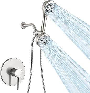 Matte Black Shower System - Dual Shower Head with Handheld Spray, High Pressure Rainfall Showerhead, Wall Mount Bathroom Fixture with Flexible Hose and 7 Spray Modes Brushed Nickel