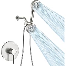 Matte Black Shower System - Dual Shower Head with Handheld Spray, High Pressure Rainfall Showerhead, Wall Mount Bathroom Fixture with Flexible Hose and 7 Spray Modes Brushed Nickel