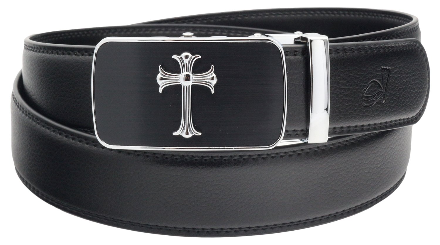 QHA Mens Jesus Cross Automatic Buckle Ratchet Leather Belt Q39-Silver Black-32-38"