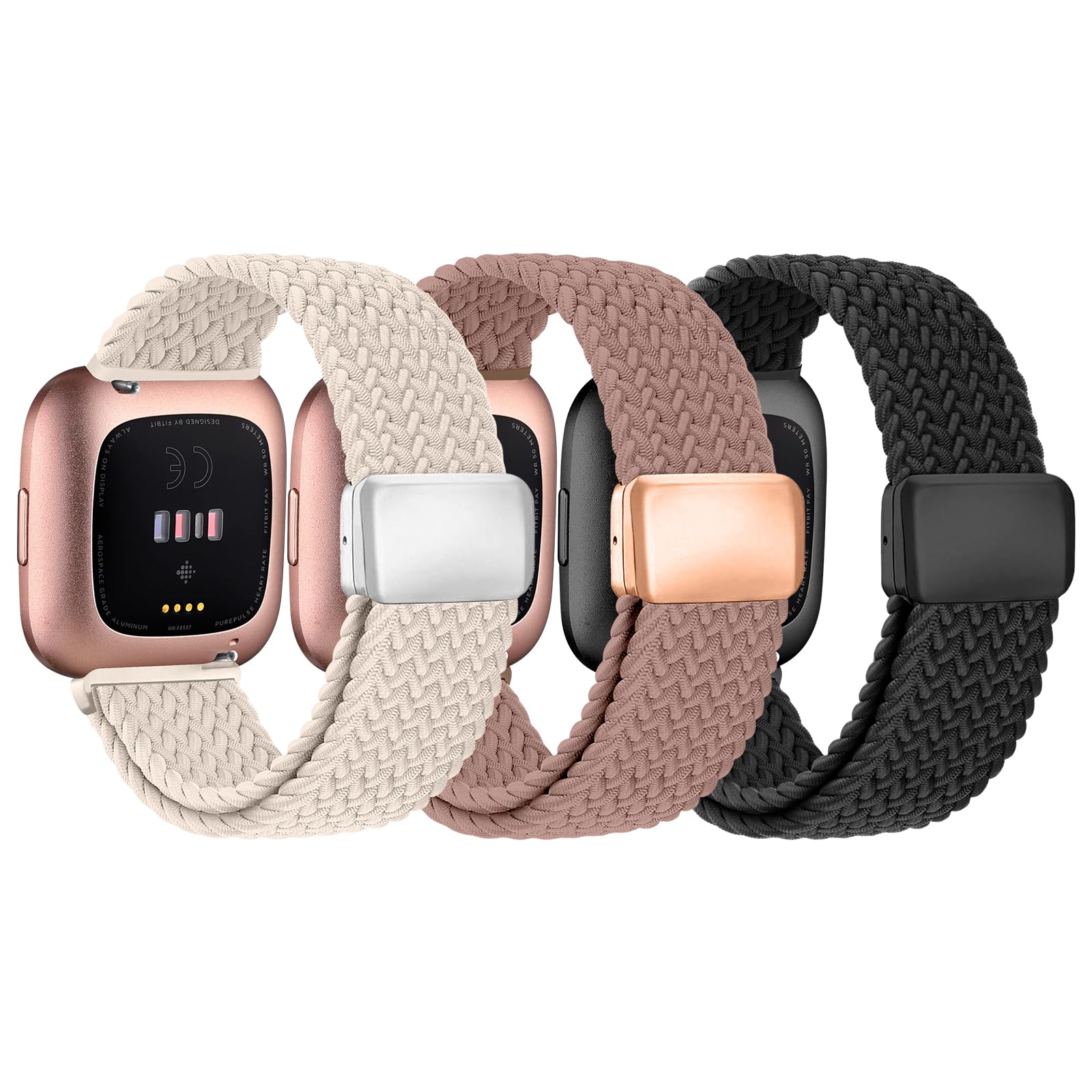 Braided Bands Compatible with Fitbit Versa 2 Bands for Women/Versa/Lite/SE Band, Magnetic Clasp Elastic Fabric Sport Nylon Smartwatch Band for Fitbit Versa2/1/Lite/SE for Women Men Black/Starlight/Pink Sand
