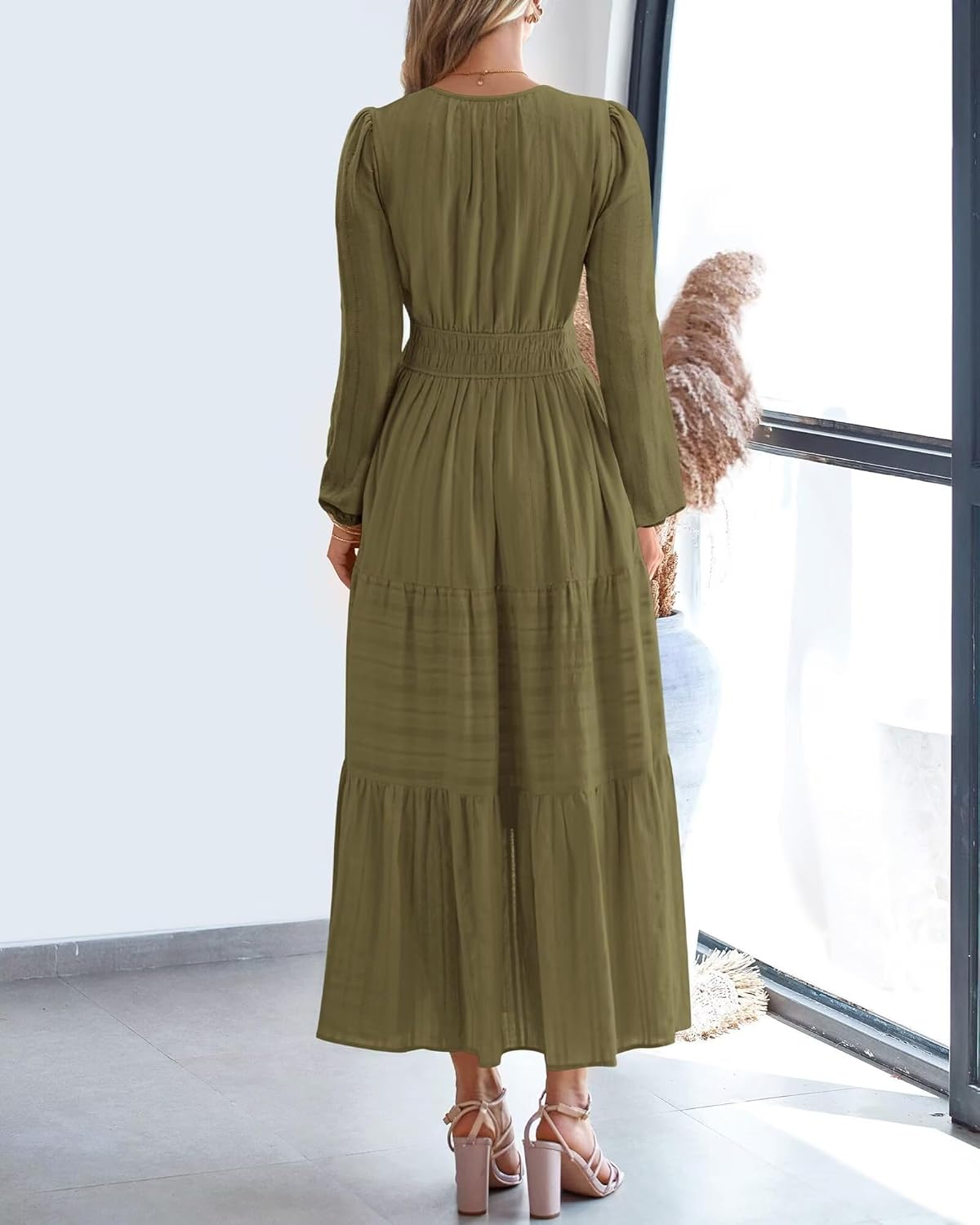 Women's Long Sleeve Maxi Dress with Pockets Spring Fall 2026 V-Neck Flowy Casual Wedding Guest Dress Elastic Waist - Image 2