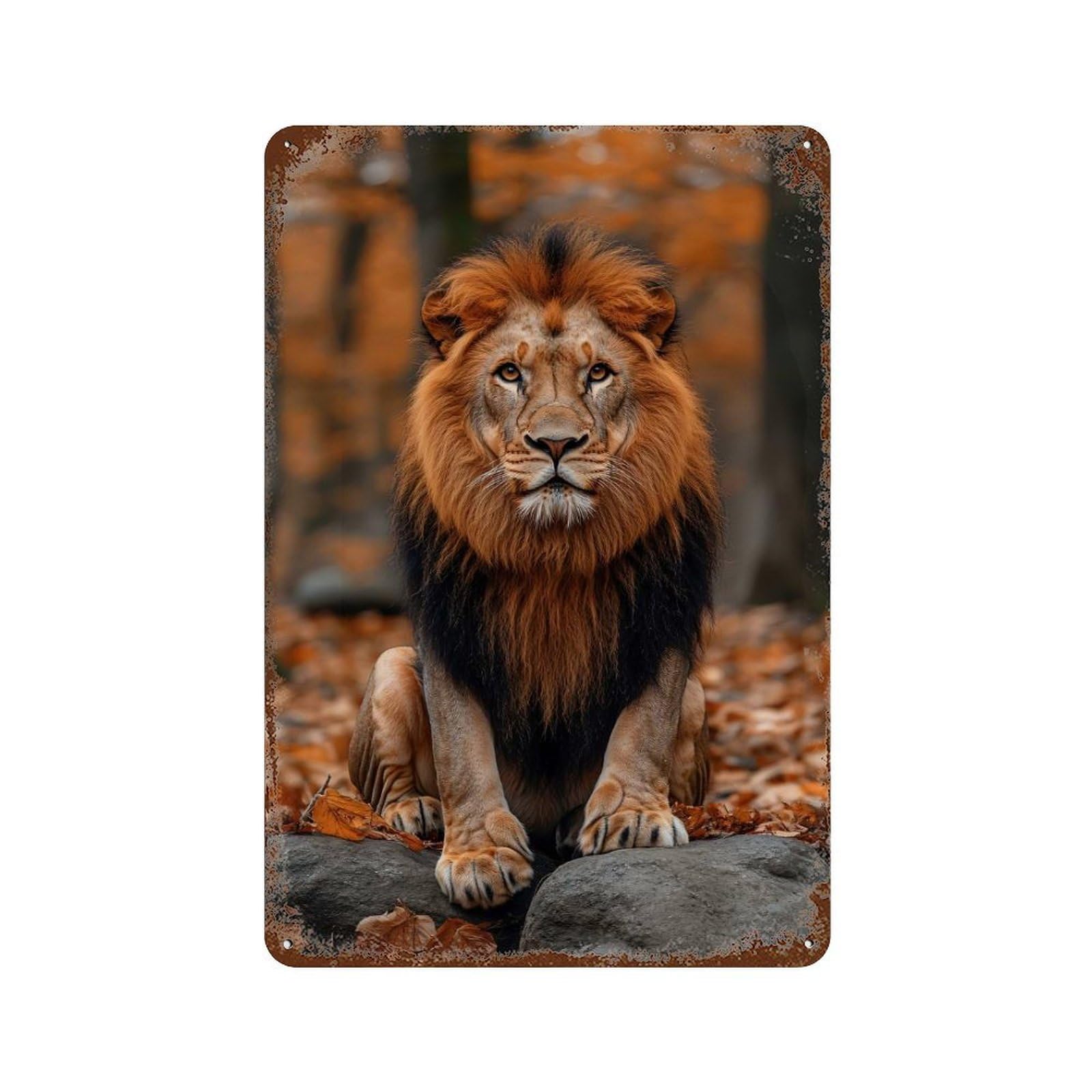 Garage Style Majestic Lion Portrait in Autumn Setting Distressed Metal Wall Sign 11.8"x7.9", Shabby Chic Decor for Bar And Workshop