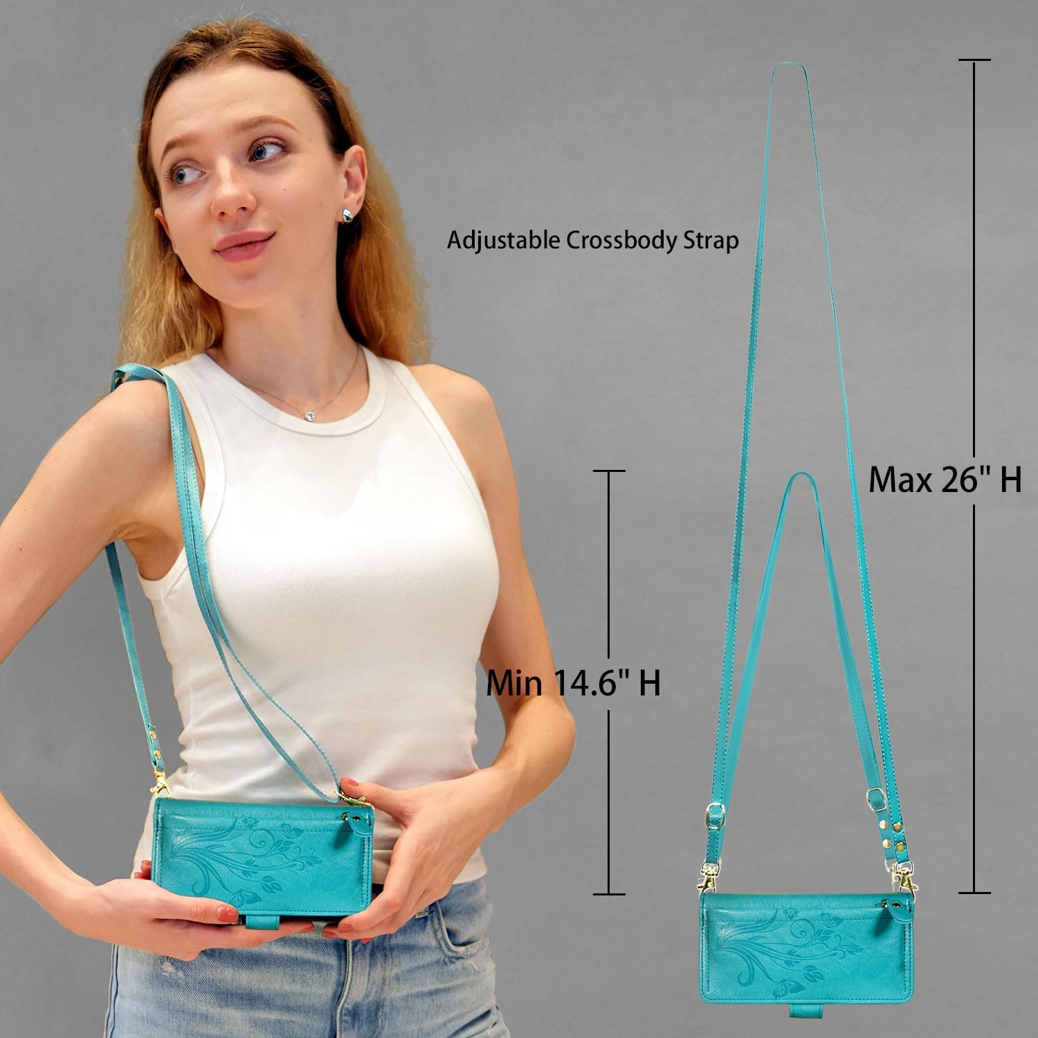 Lacass for iPhone 14 Pro Max Detachable Crossbody Wallet Case,Compatible with MagSafe Wireless Charging, [Cards Theft Scan Protection], Magnetic Case Stand PU Leather Zipper(Floral Blue Green)
