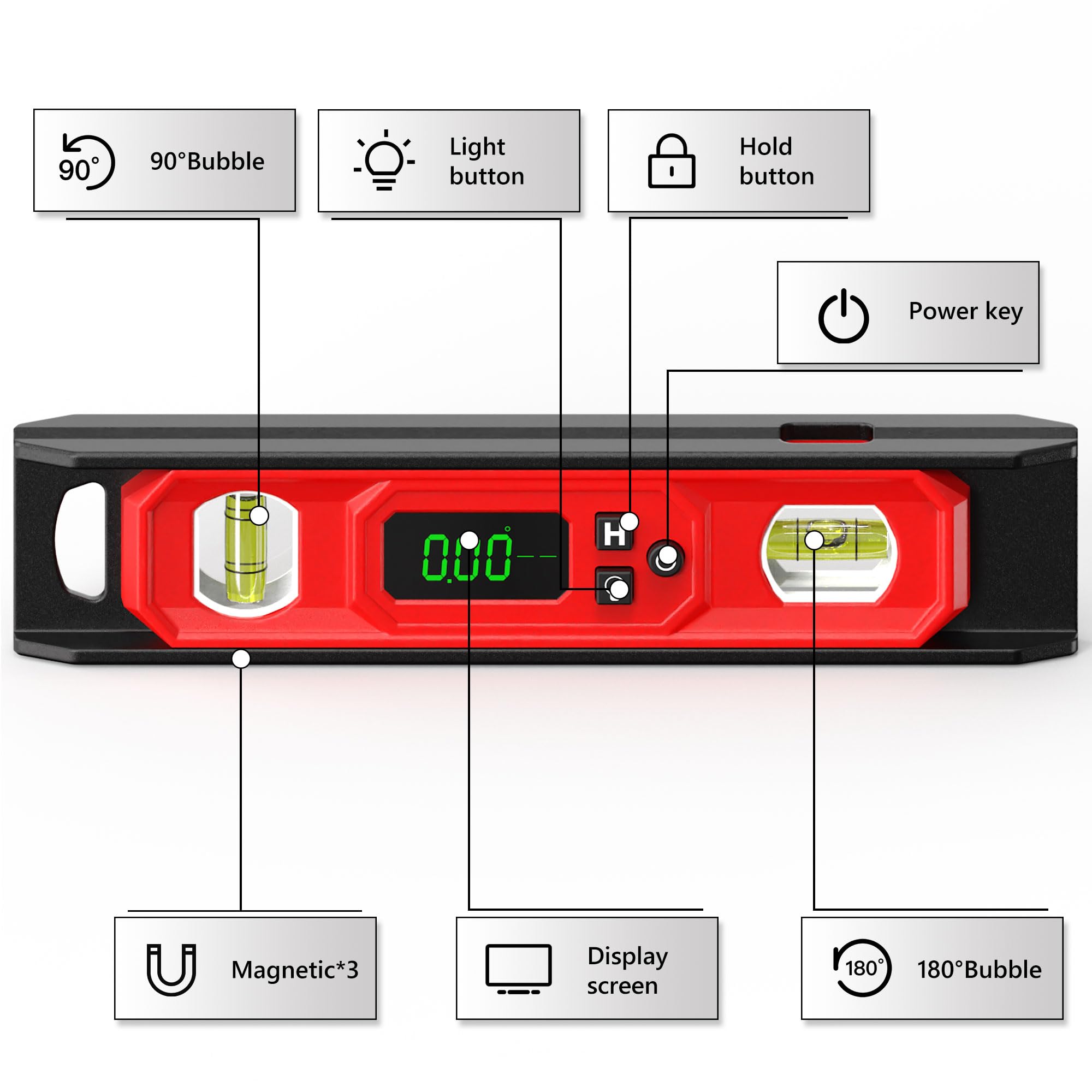 Digital Level 9-Inch, Torpedo Level and Protractor with Bright LED
