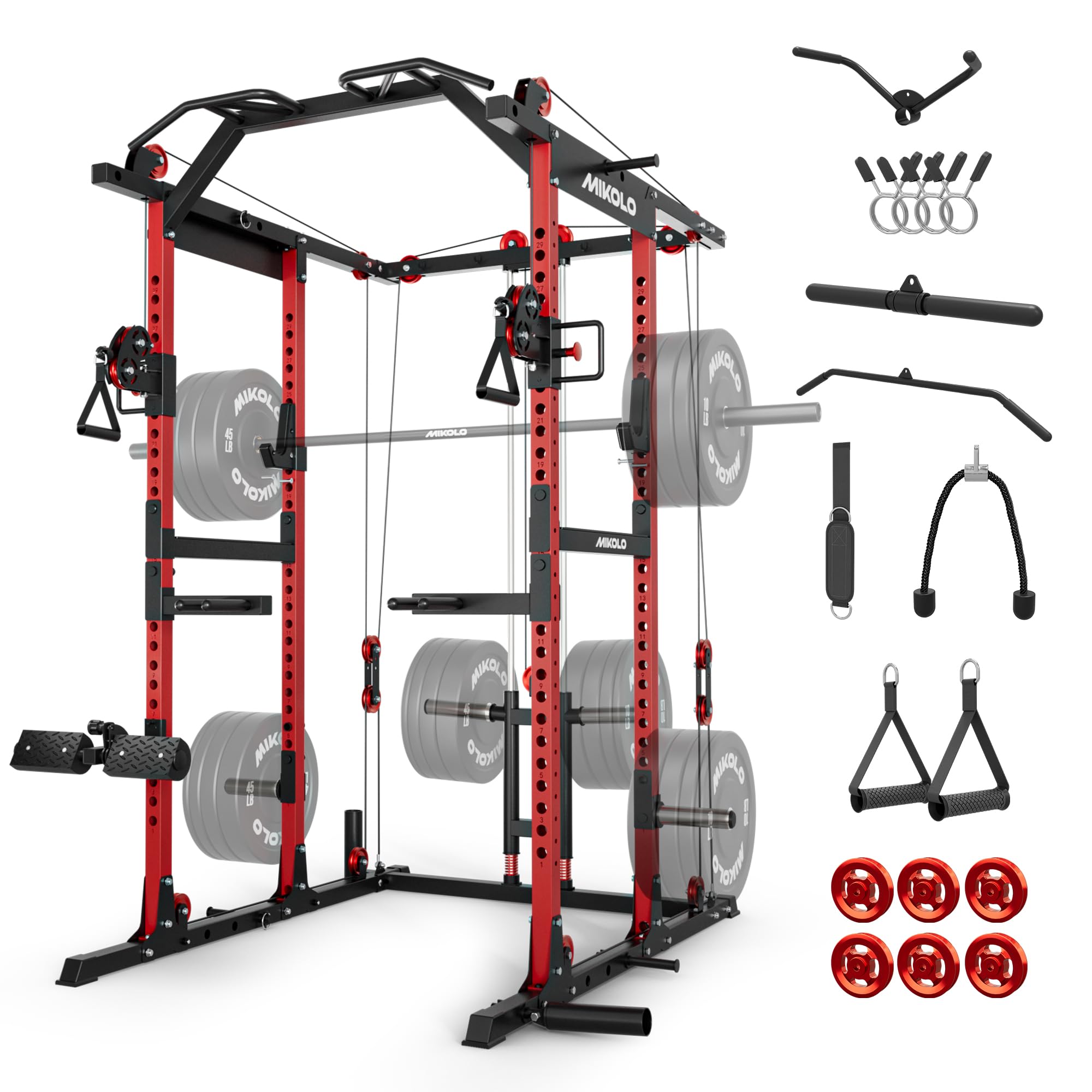 Mikolo K6 2.0 Power Cage, Power Rack with Cable Crossover System, 2000LBS Squat Rack with LAT Pull Down System, Functional Trainer with Aluminum Pulley System for Home Gym