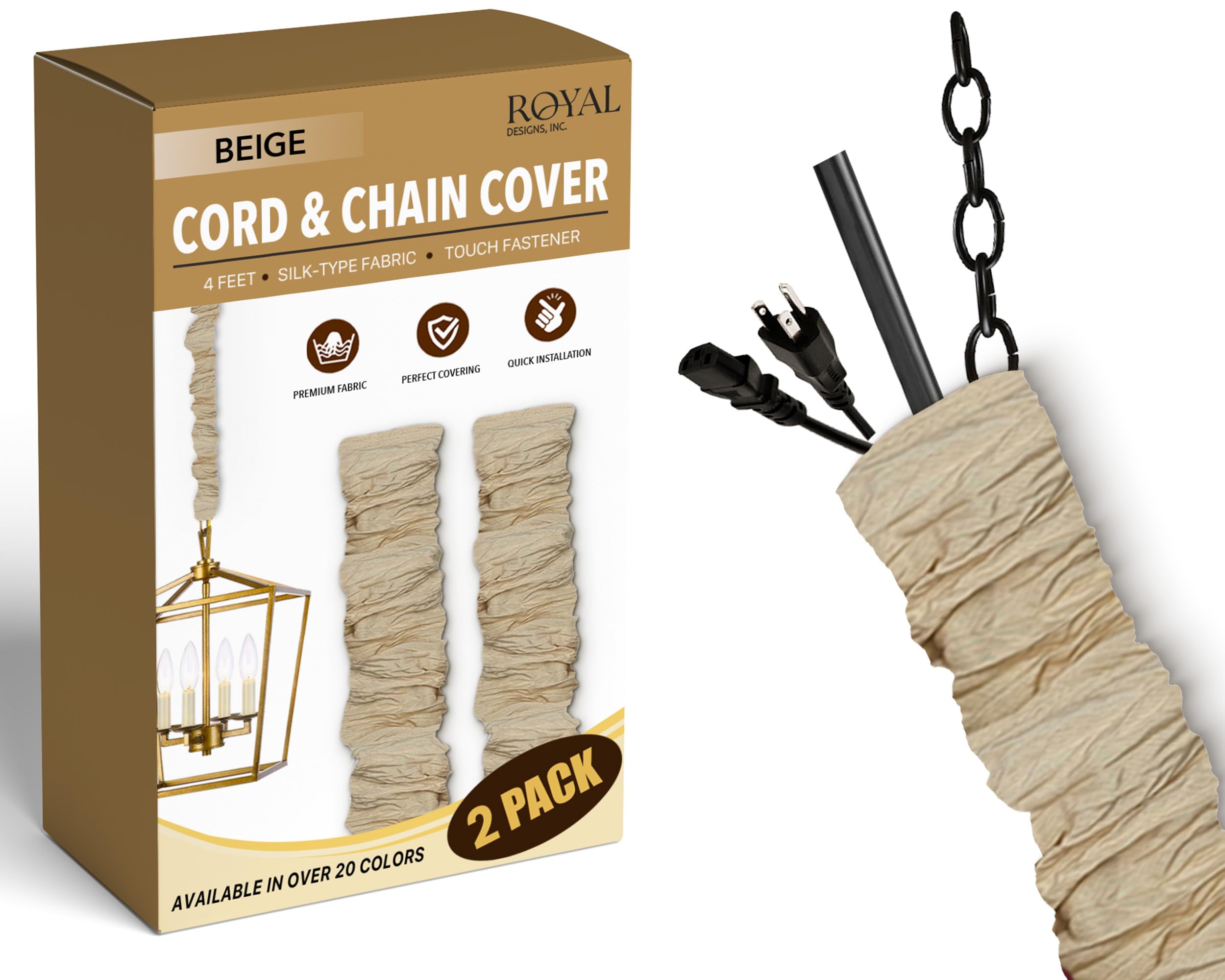 RDI Cord &amp; Chain Cover 4 feet Silk Type Fabric, Chandelier Pendant Lighting Chain &amp; Cable Management, Touch Fastener, Beige - 2 Pack