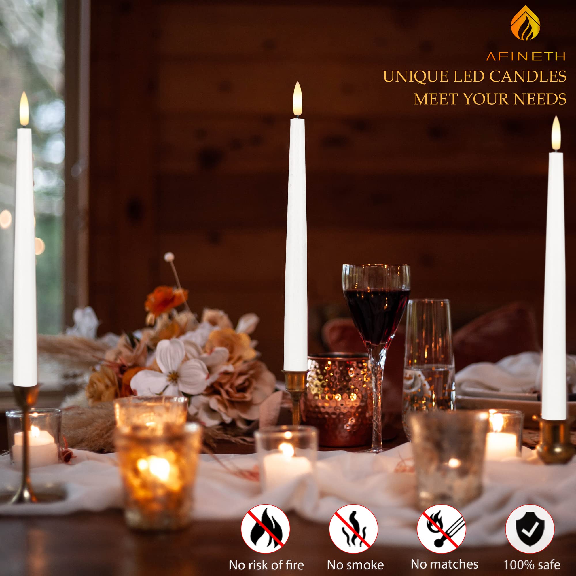 Candele coniche senza fiamma con stoppino 3D, candele LED in vera cera da 29 cm, con telecomando e timer, confezione da 3 candele tremolanti a batteria (bianco)