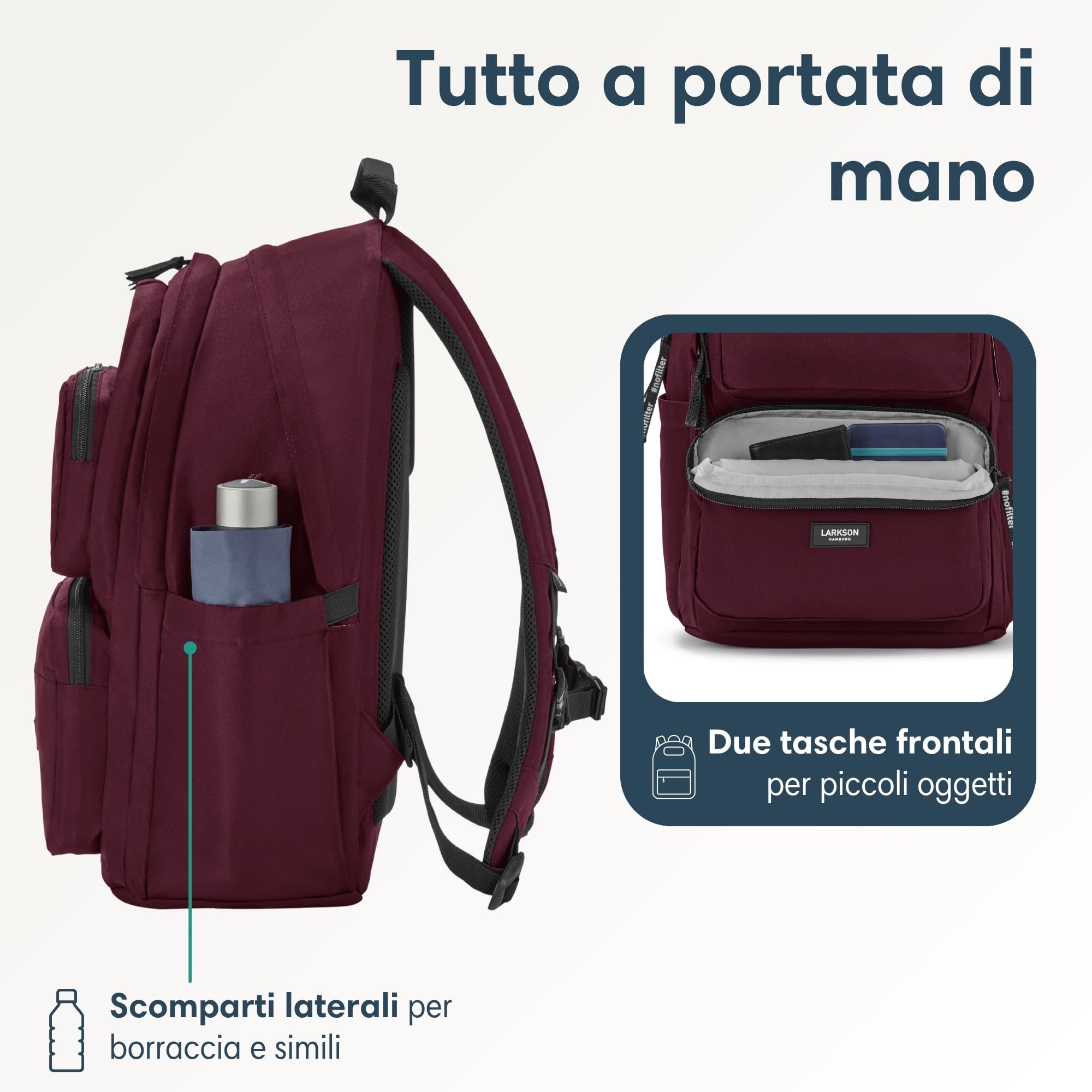 LARKSON Zaino Scuola Rosso - No 3 Advanced - Zaini Ragazza & Ragazzo Per Scuola Media Superiore, Università - Zaino Grande per Porta PC 16 Pollici - 24L - In PET - Idrorepellente
