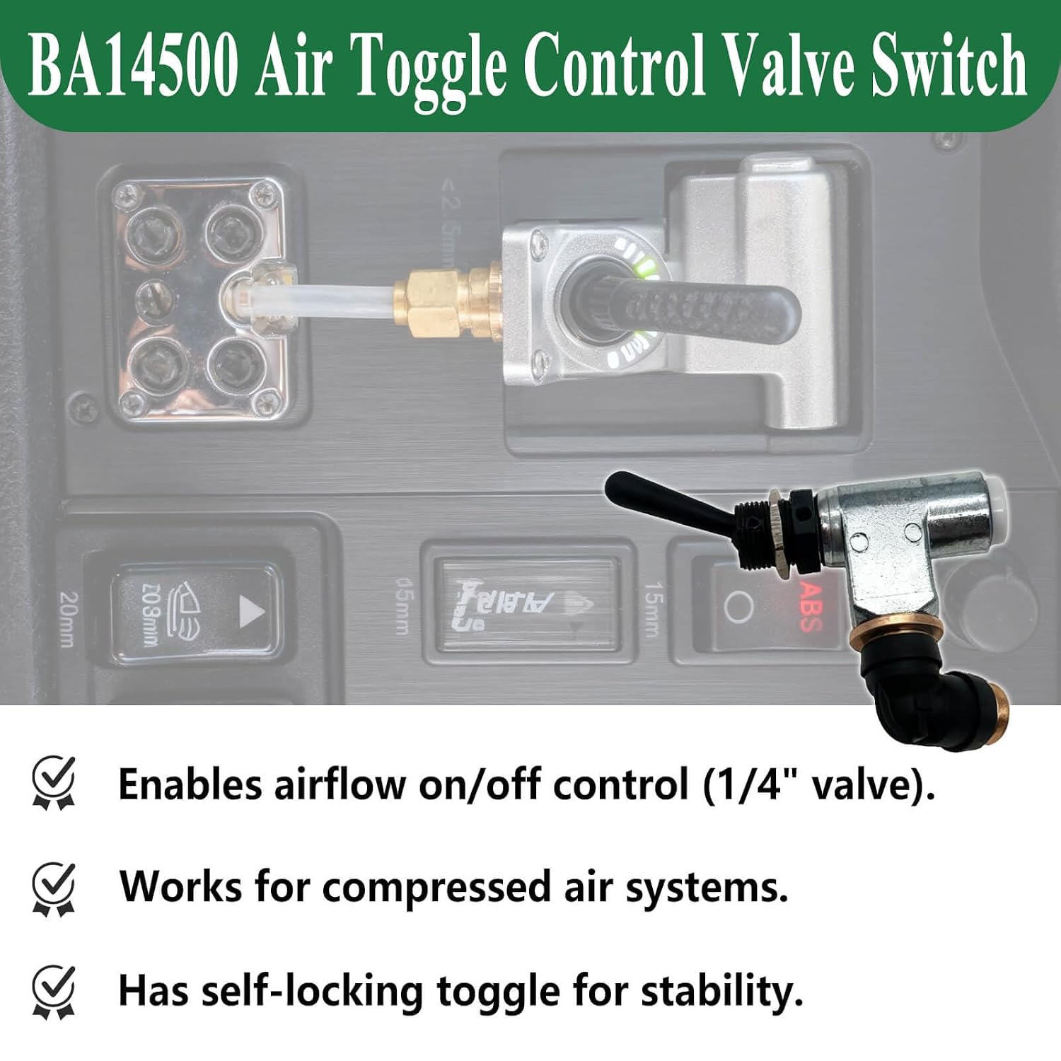 BA14500 Air Toggle Control Valve Switch for Peterbilt 379 389, Kenworth, International LT, 1/4" Self-Locking Pneumatic Quick Connect Air Switch