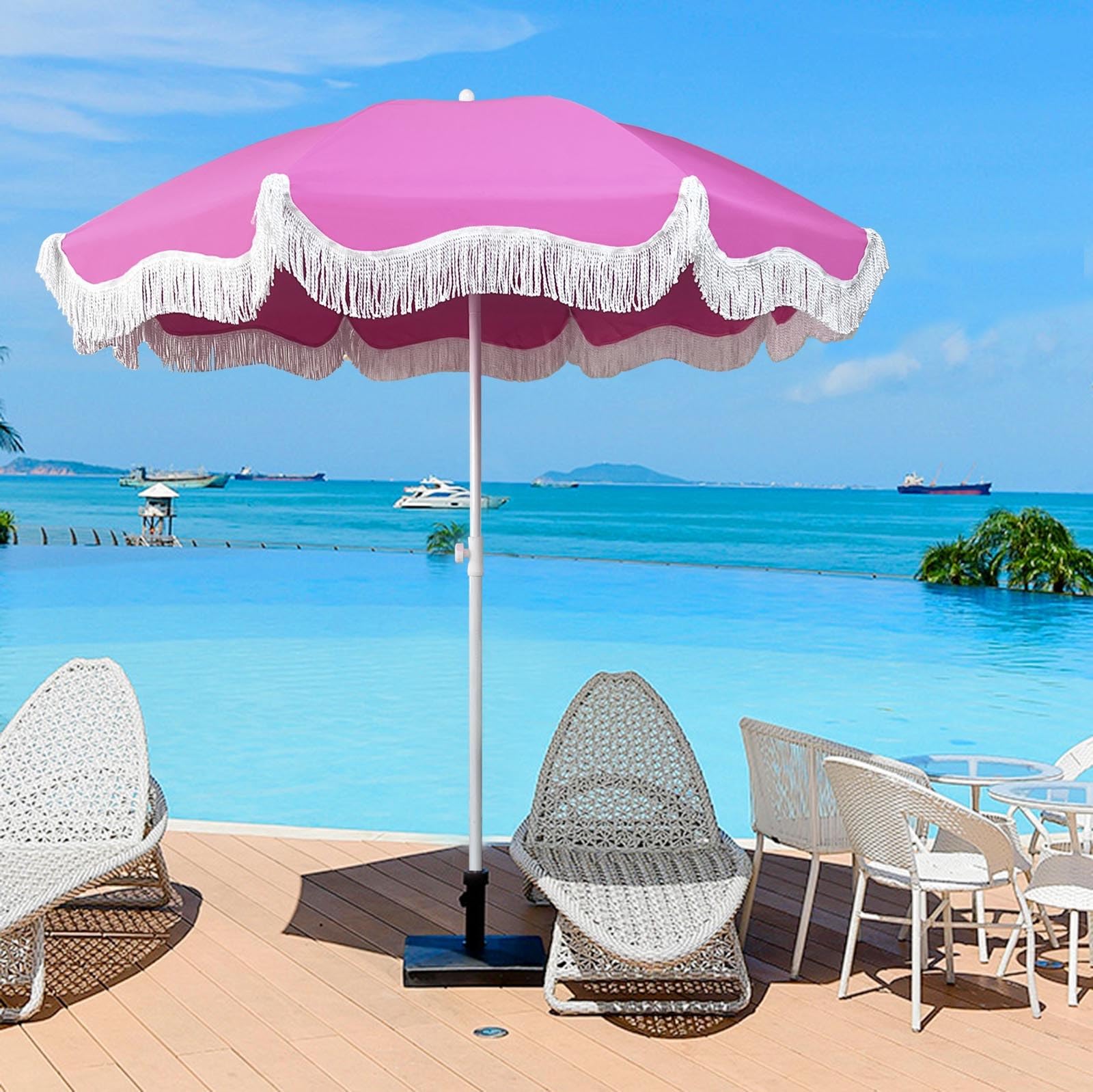 Pink Patio Umbrella With Fringe Umbrella Outdoor Patio White Boho Beach Umbrella Sun Protection Portable Tilt Pool Umbrella 6ft Outdoor Umbrella for Patio Garden Beach Backyard ( Color : Pink )