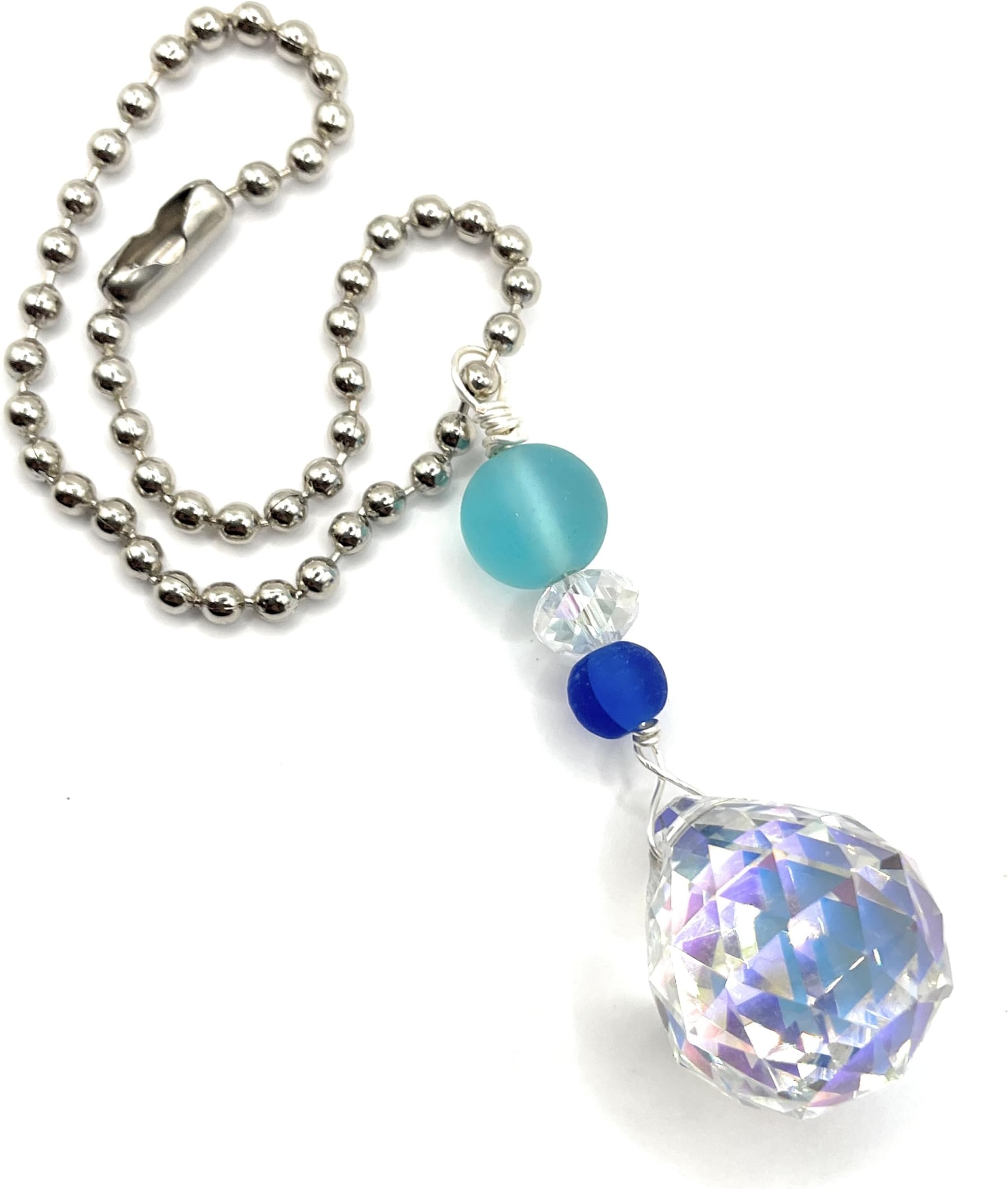 Ocean Blue Sea Glass and Crystal Rear View Mirror Car Charm, Hanging Car Accessory, Suncatcher, Ornament or Pendant, Handmade by Beach Soul