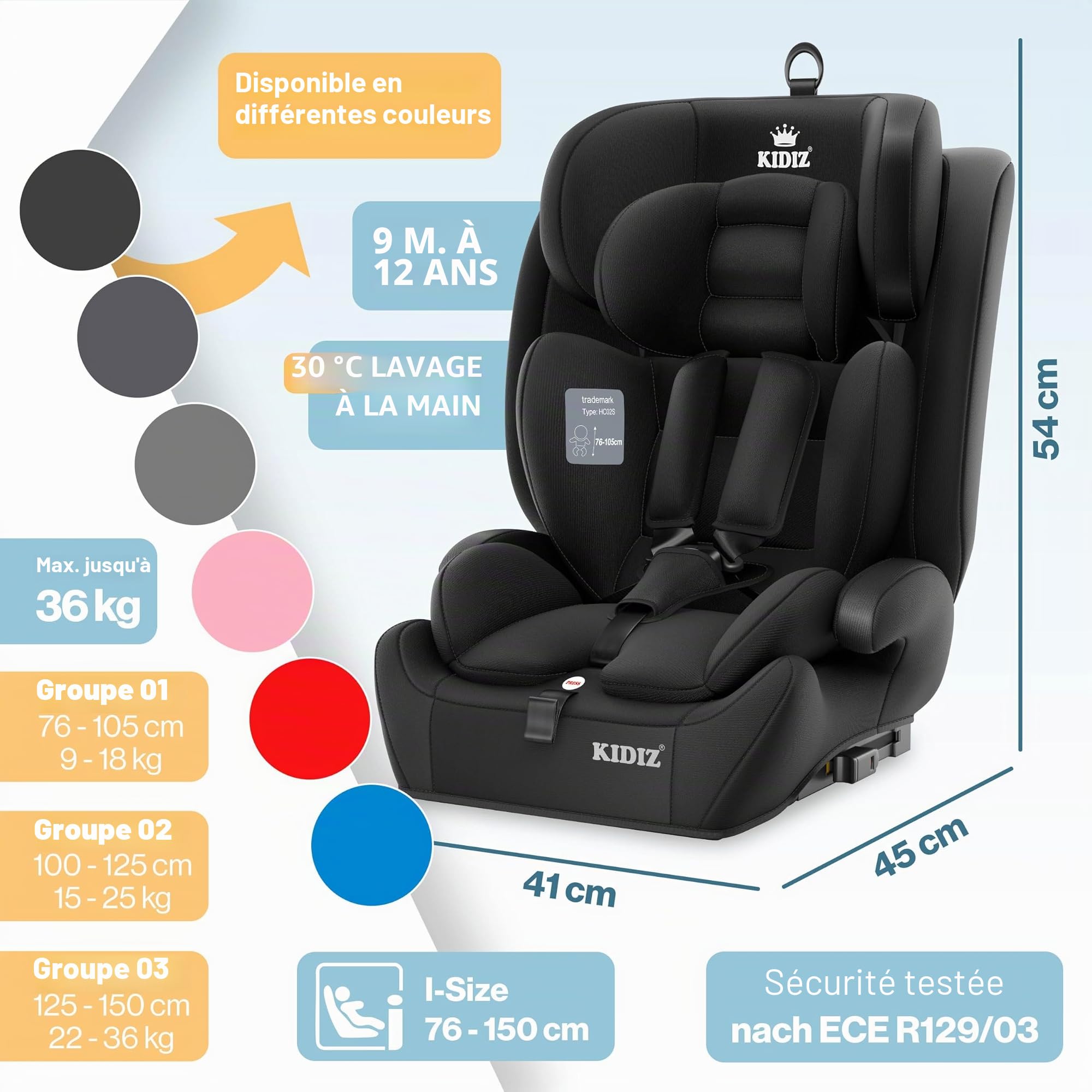 Kidiz® Siège auto pour enfant avec Isofix i-Size R129 100-150cm jusqu'à 12 ans, siège auto pour enfant Groupe 1/2/3, siège évolutif, ceinture 5 points et appuie-tête réglable en hauteur, rehausseur de
