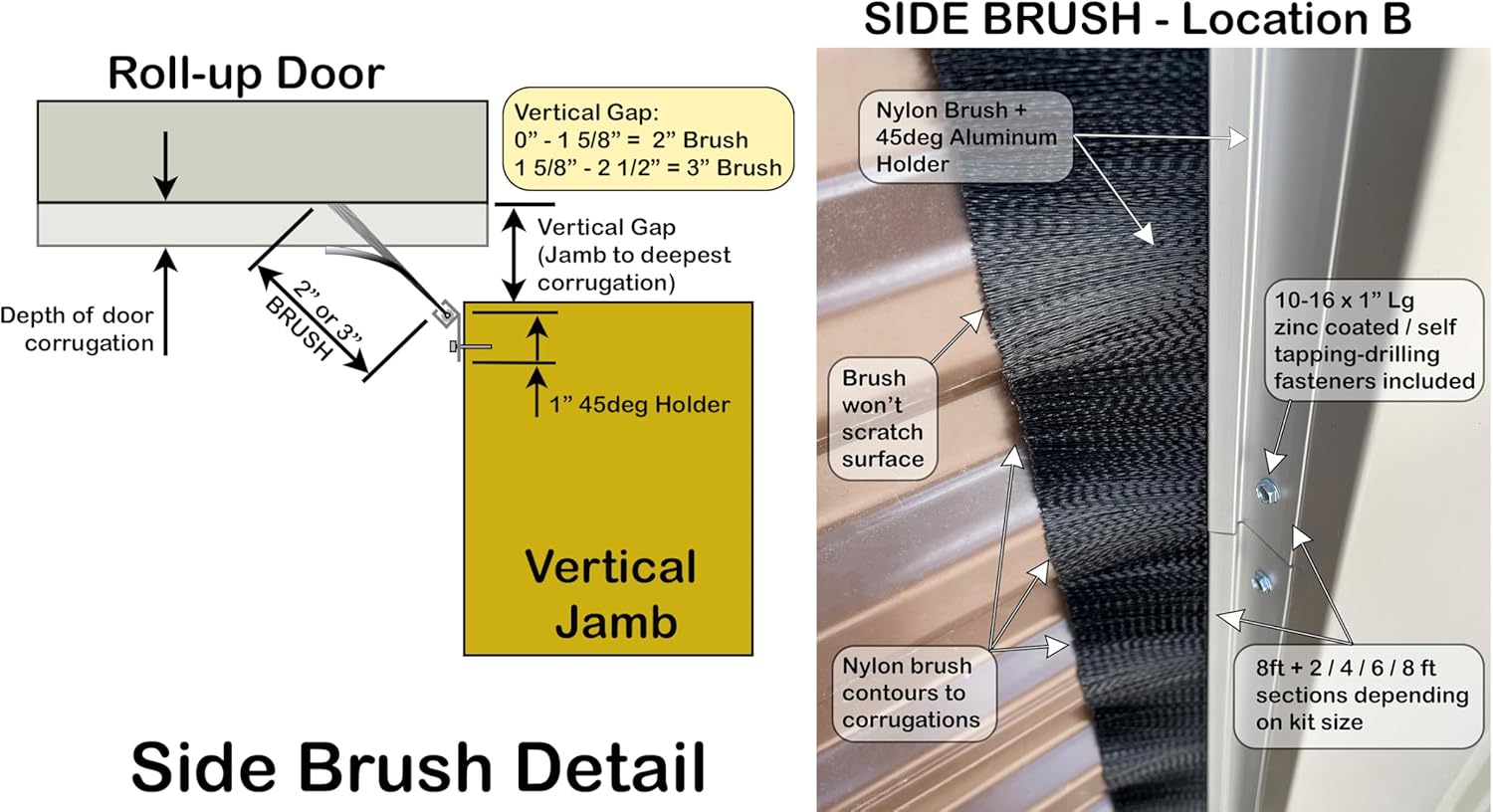 Jacor 3" Brush Seal Kit for 10'w x 10'h Roll-up, Coiling, Corrugated, Sectional Steel, Commercial Door, or High Speed Fabric Doors