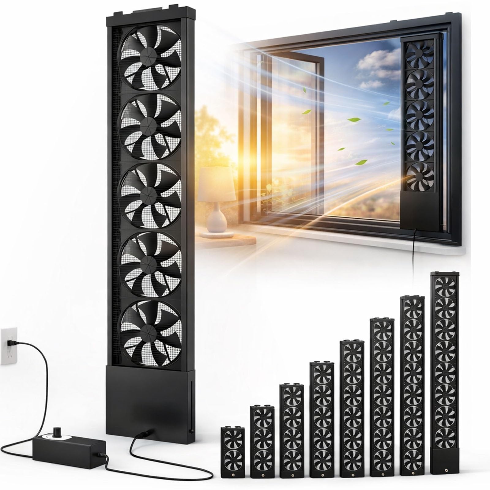 Ventilateur d'extraction vertical mince noir double flux pour fenêtres coulissantes