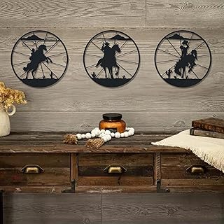 QZGXDECO Western Wall Decor - Metal Cowboy Wall Art & Vintage Wagon Wheel Decorations, Rustic 3 Pcs Wild West Themed Sculpture for Home, Living Room, Bedroom & Ranch Style Wall Hanging