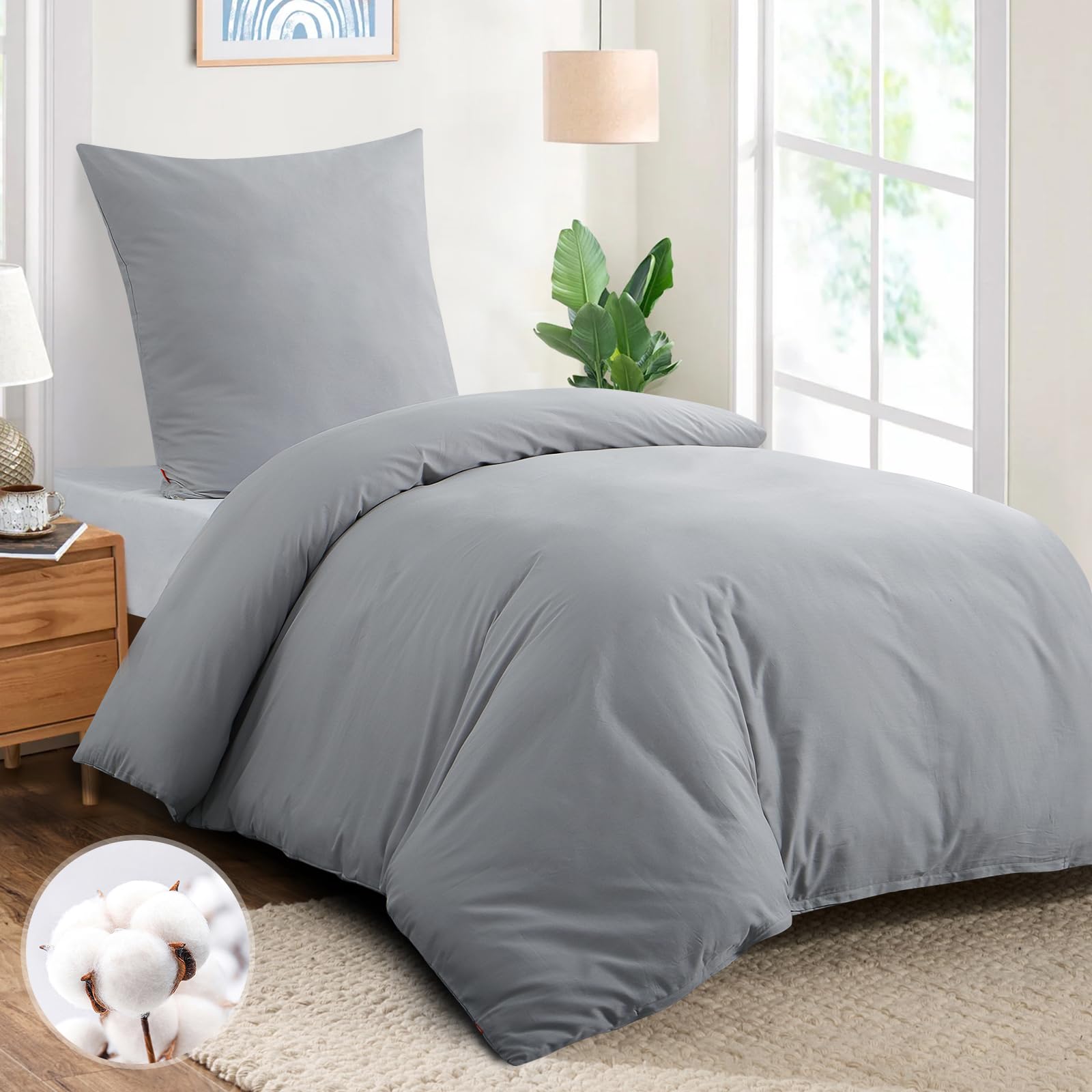 Aisbo Bettwäsche 155x220 Baumwolle Grau - Bettwäsche-Sets Bettbezug 155x220 mit Kissenbezug 80x80 cm, Baumwollbettwäsche Set, Oeko-TEX Bettwäsche Hellgrau mit Reißverschluss