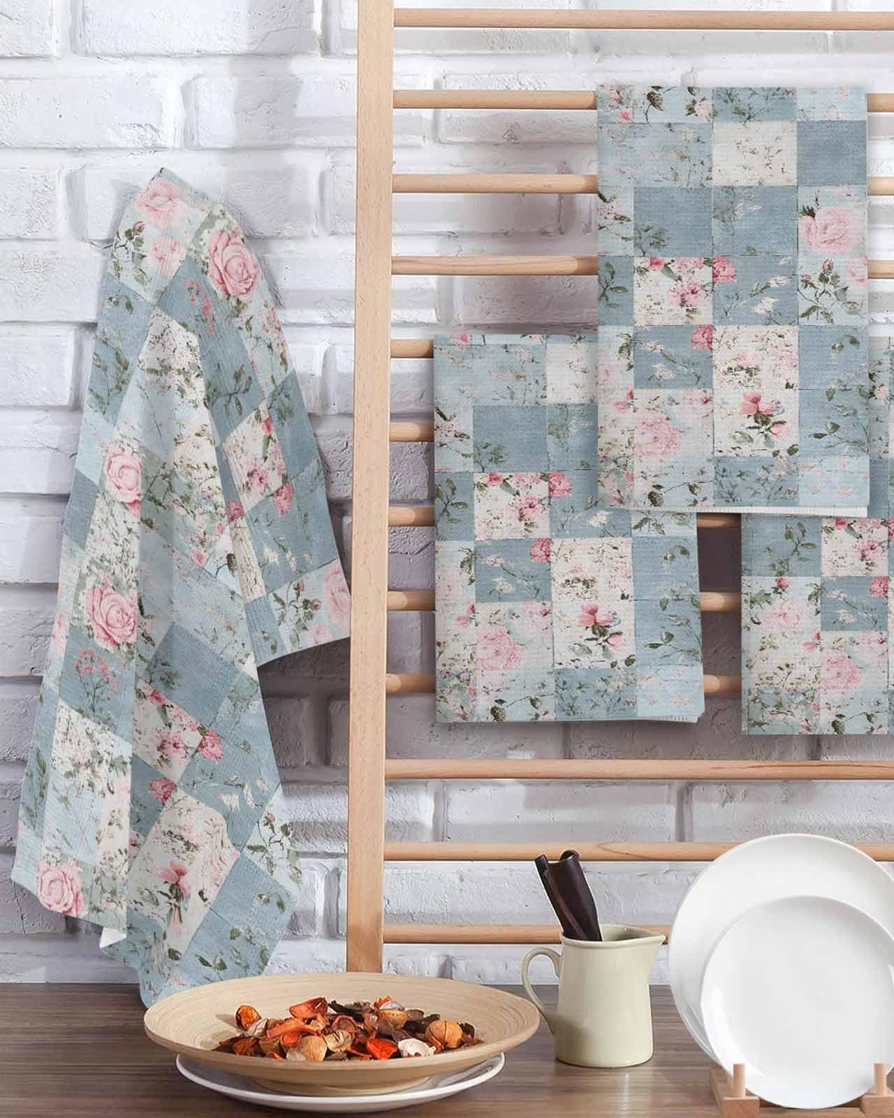 Hokiten Blue Pink Botanical Waffle Kitchen Towels Dishcloths, Spring Floral Vintage Absorbent Dish Towels | Hand Towels for Bathroom/Bar, 16 x 24 Inch, 4 Pcs