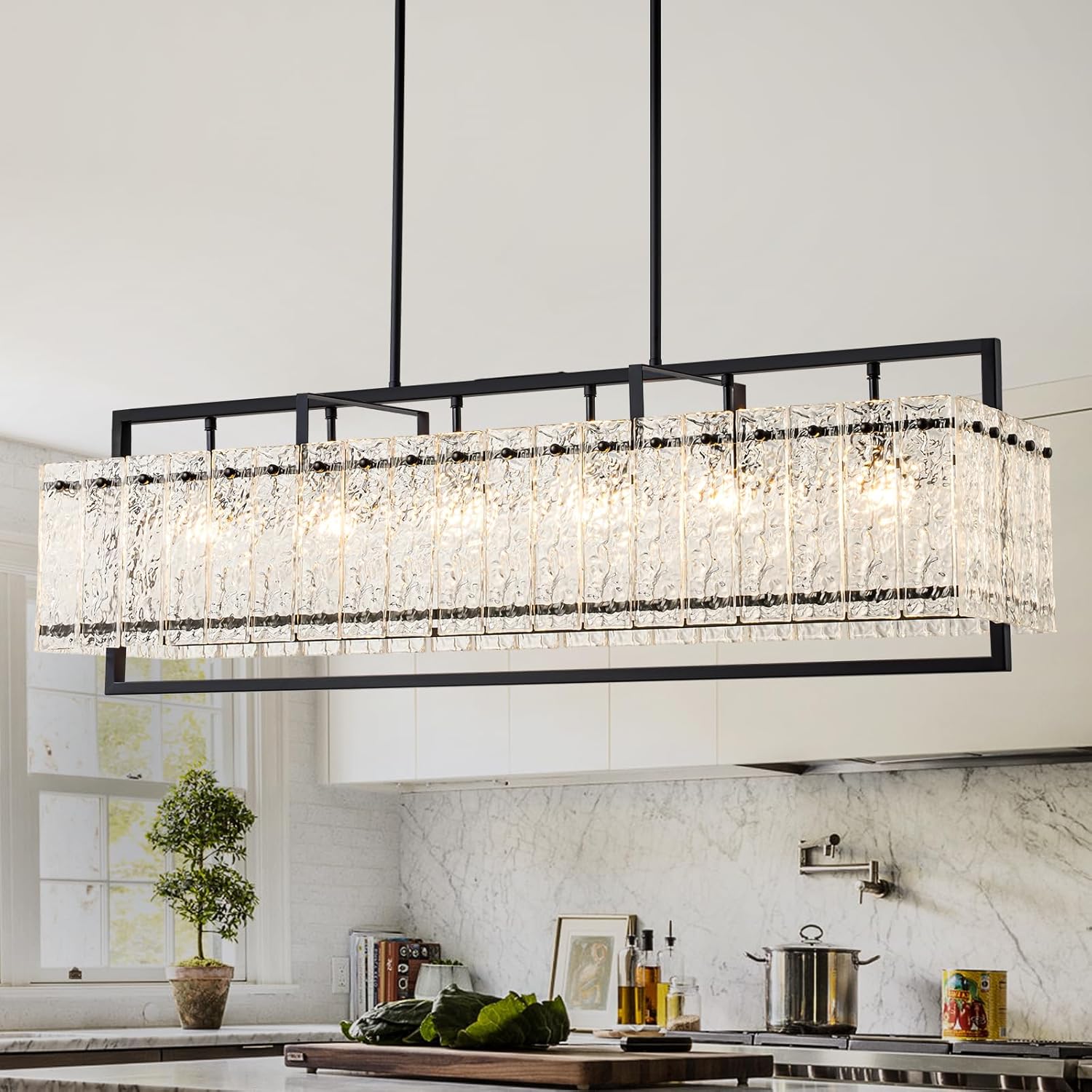 Modern Rectangle Black Crystal Chandeliers for Dining Room, Water Ripple Glass Island Light Fixture, 40.5" Large Linear Farmhouse Lighting for Kitchen Island, Living Room