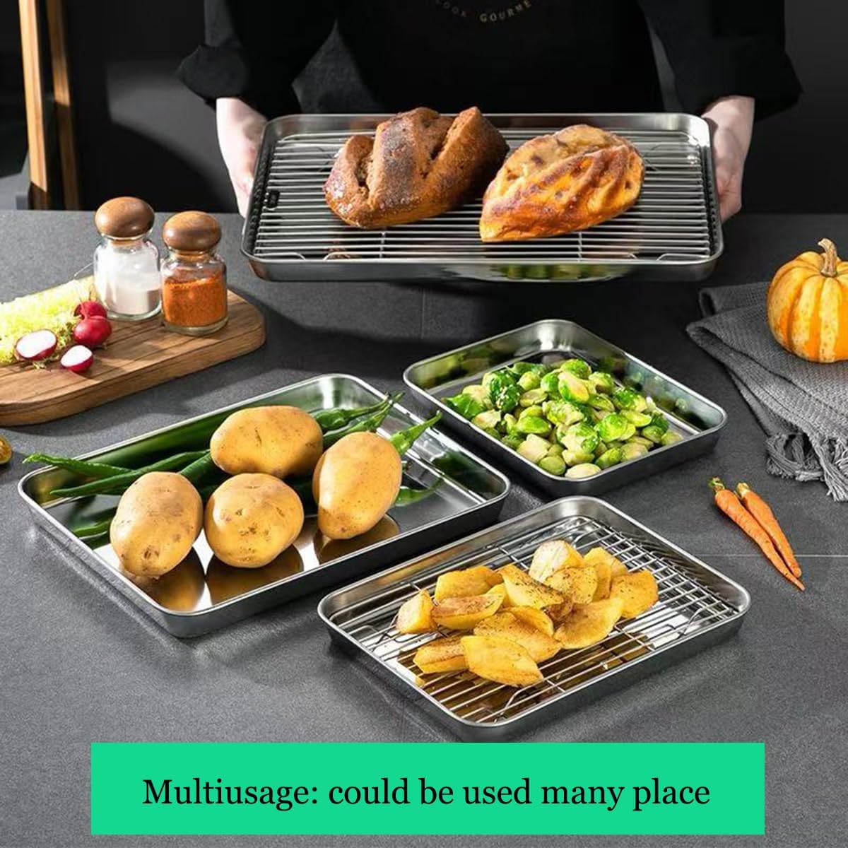 Small Deep Cookie Baking Sheet Pans with Cooling Wire Rest Racks Set 18/8 (304) Stainless Steel Tiny Serving Trays 10.4 x8.1 x1.1Inch Dishwasher Safe for 1~2 Person 2Pans & 2Racks