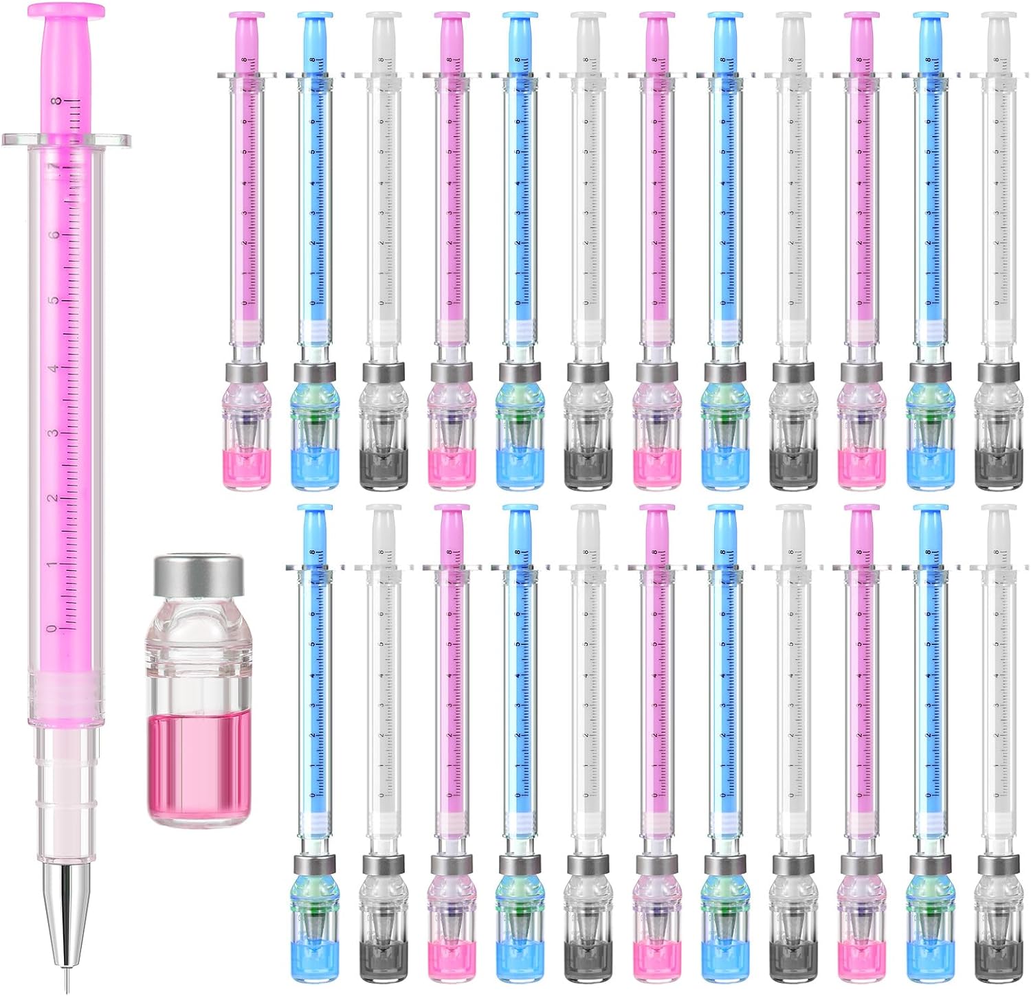 24 PCS Syringe Pen Bulk, 0.5mm Black Ink Needle Pens for Writing - 6.18in Syringe Pens for Nurses, Medical Theme Gel Pen, Office Party Favors(White, Blue, Pink)