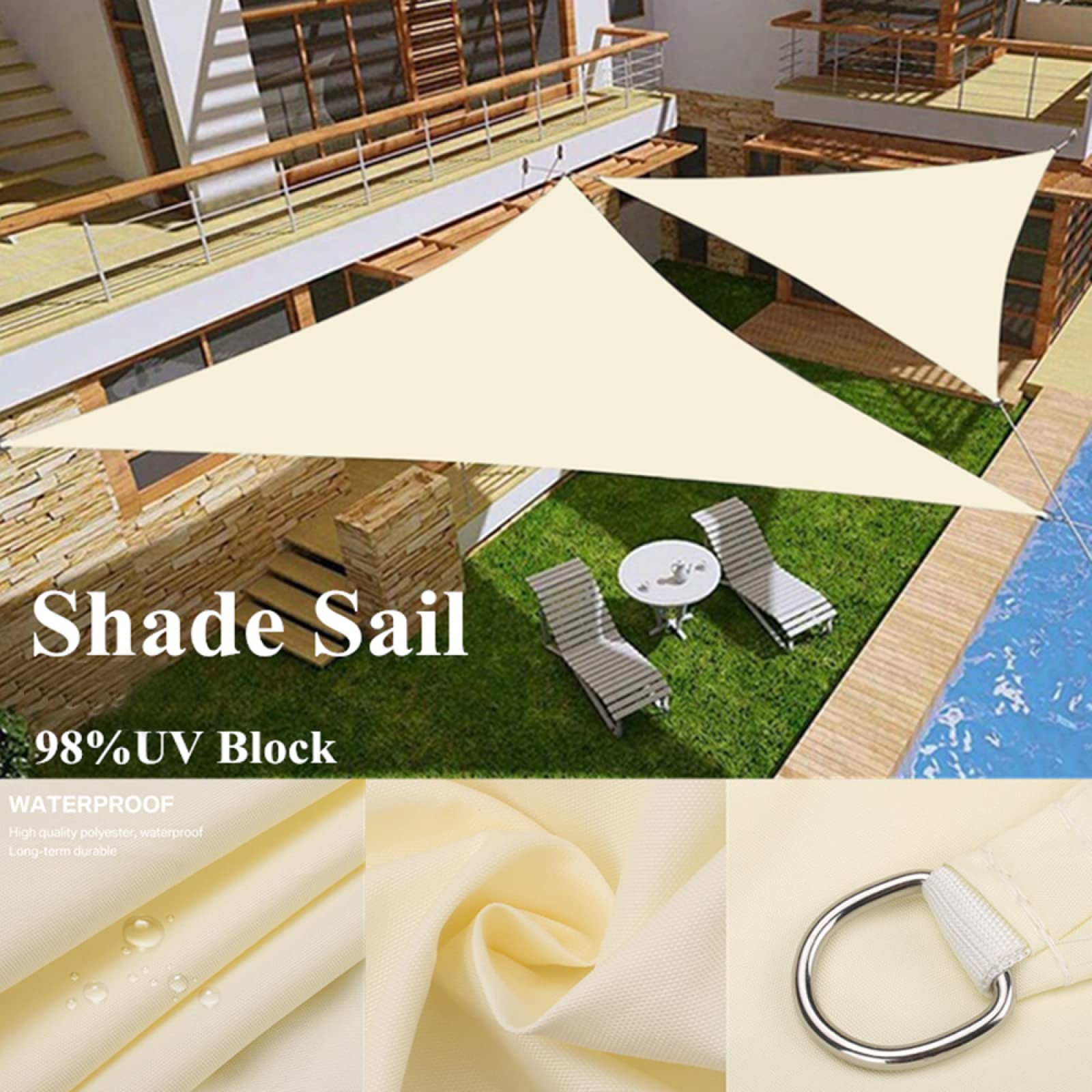 HIONRE Auvent RéSistante Aux ImperméAble,Voile D'ombrage Triangulaire Coupe-Vent, Auvent De Protection Solaire Imperméable,Beige,3X3X4.3M,Résistant et Respirant Voile d'ombrage