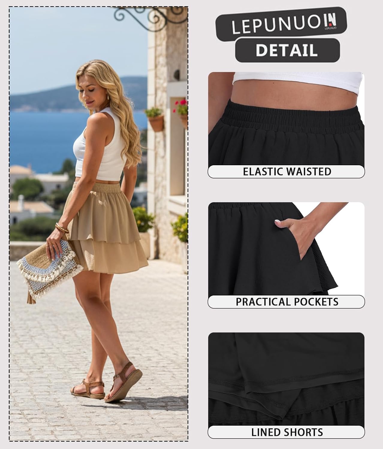 Lepunuo Boho Mini Skirts for Women Flowy Ruffle Tiered Skorts Skirts with Short Underneath with Pockets Beach Vacation - Image 4